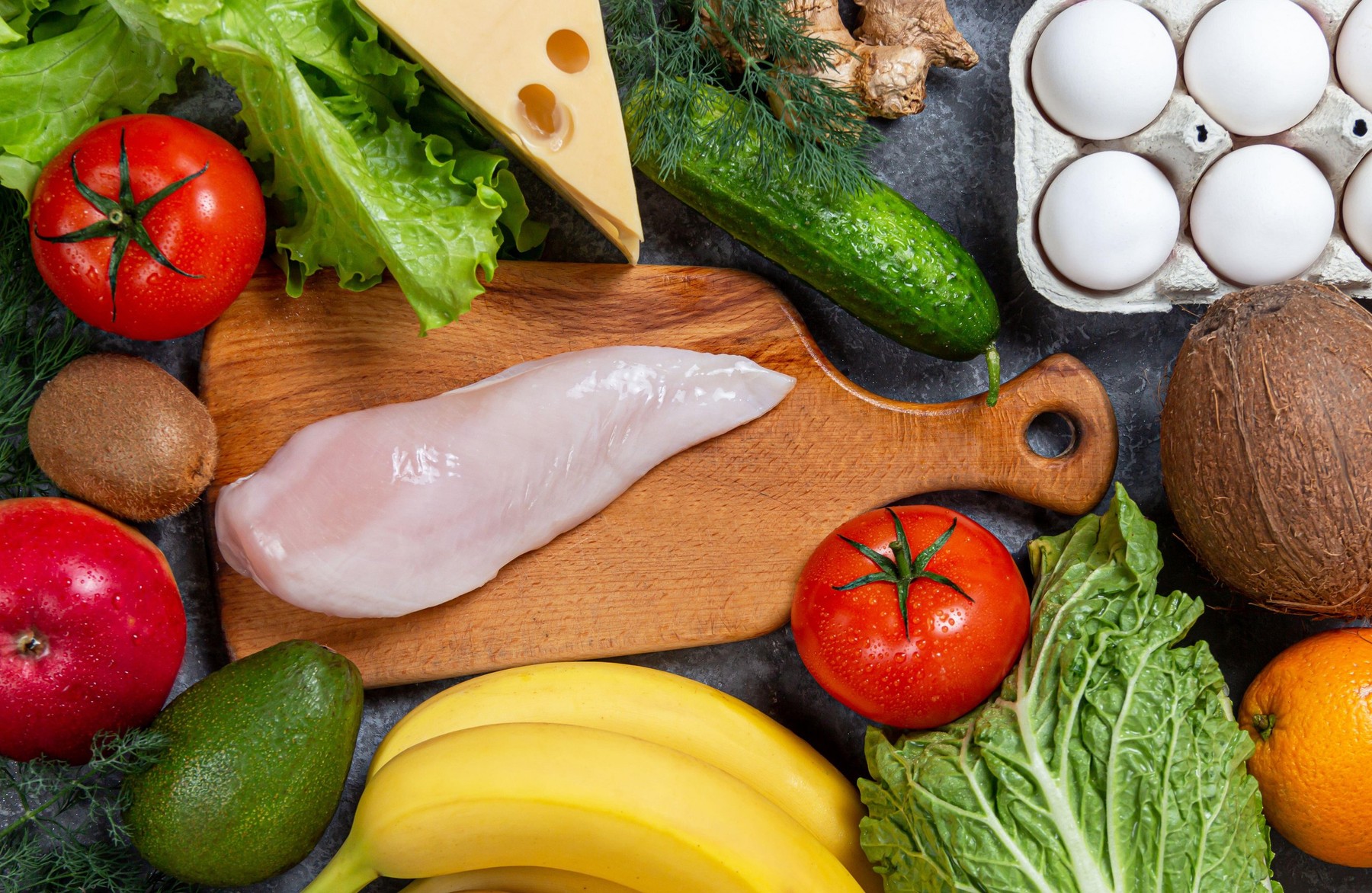 Conceptual image of a healthy food balance with vegetables fruits and meat nutrition and diet picture with copyspace