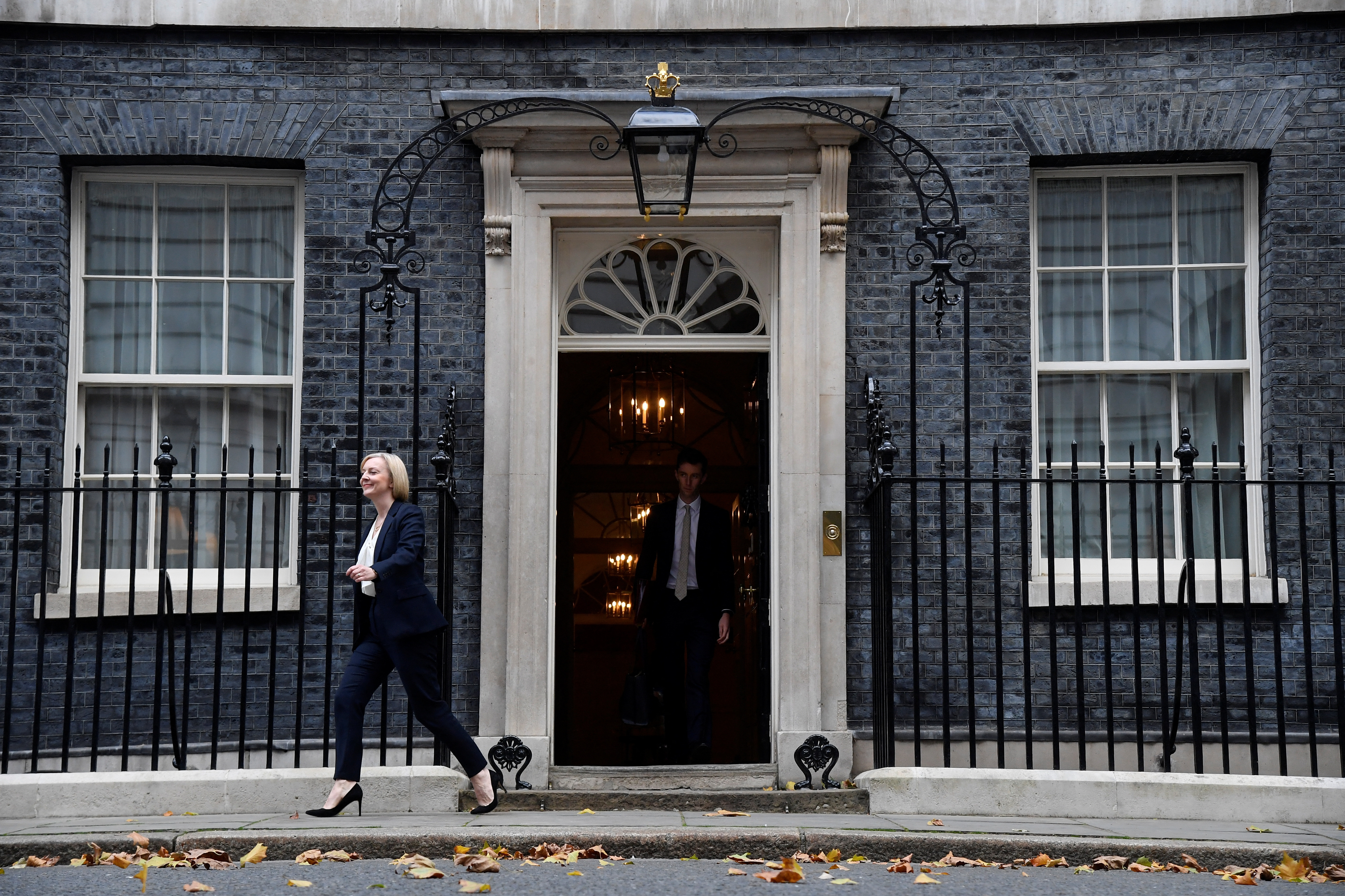 British Prime Minister Liz Truss leaves Number 10 Downing Street for the Houses of Parliament, in London