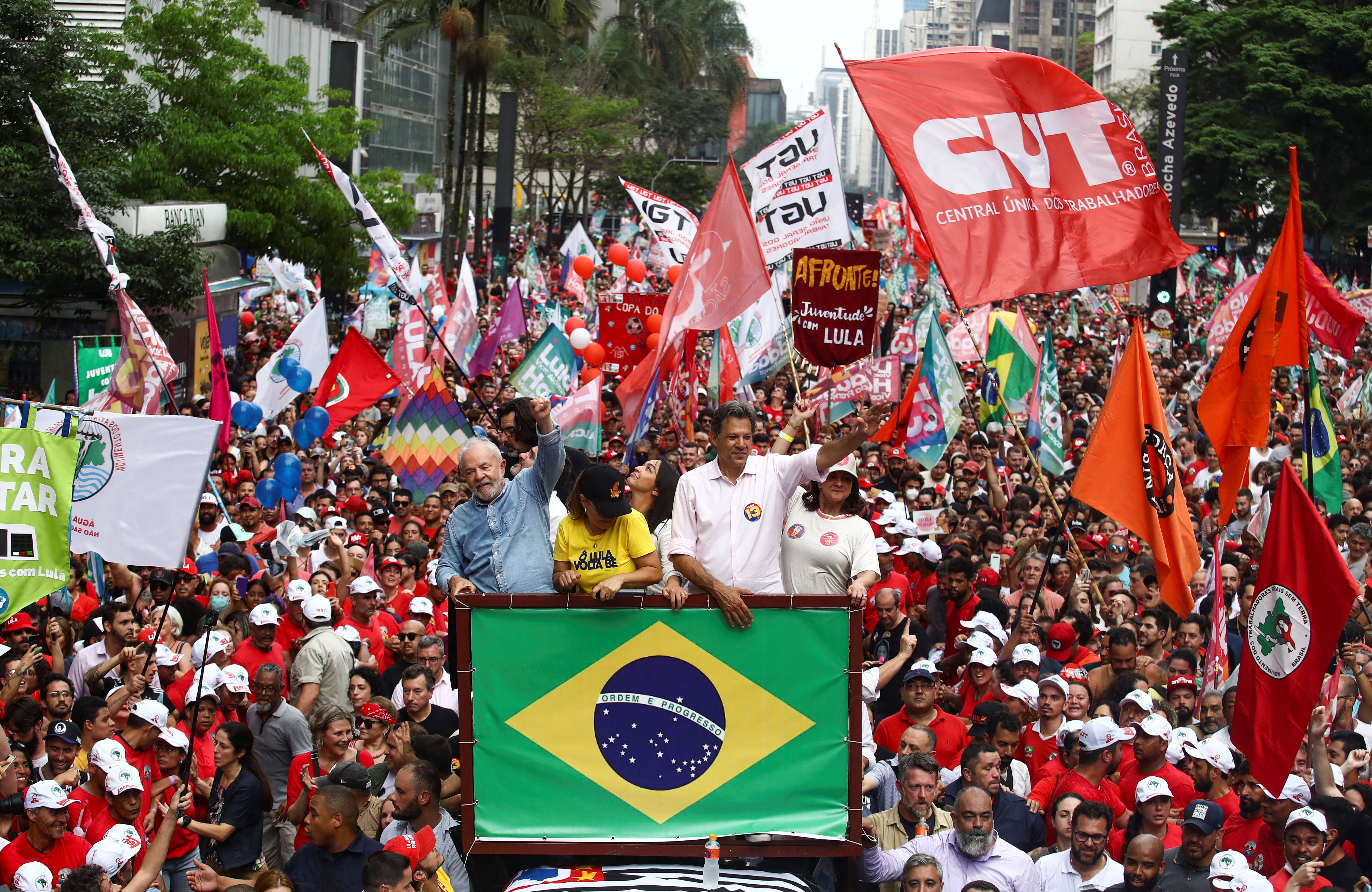 Brazil's former President and presidential candidate Silva leads the 'march of victory', in Sao Paulo