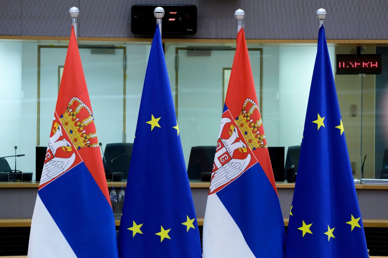 Brussels, Belgium. 25th Jan, 2022. European and Serbian flags at EU headquarters in Brussels, Belgium. 25th Jan, 2022. Credit: ALEXANDROS MICHAILIDIS/Alamy Live News