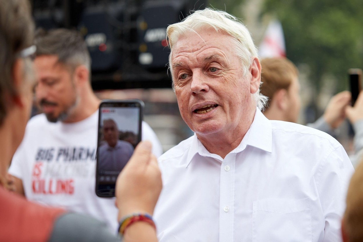 London, UK. - 24 July 2021: Campaigner and activist David Icke poses for a photo from a freedom rally in Trafalgar Square.
