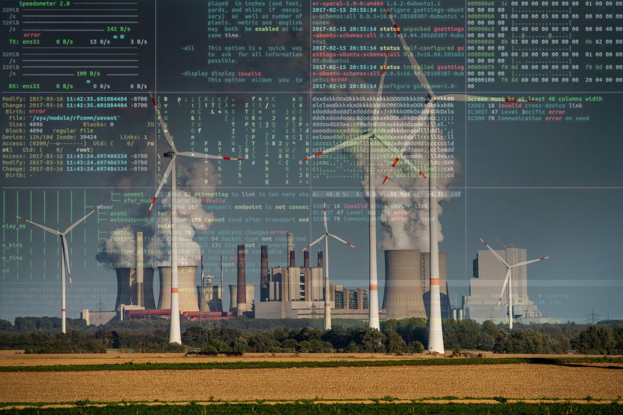 Symbolic image Critical infrastructure, blackout danger, cyberterrorism, lignite-fired power plant, RWE Power AG Seurat power plant, wind power plants