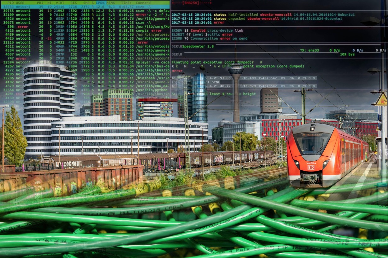 Symbolic image Critical infrastructure, skyline of Dsseldorf, media harbour, data cable, hacker code,