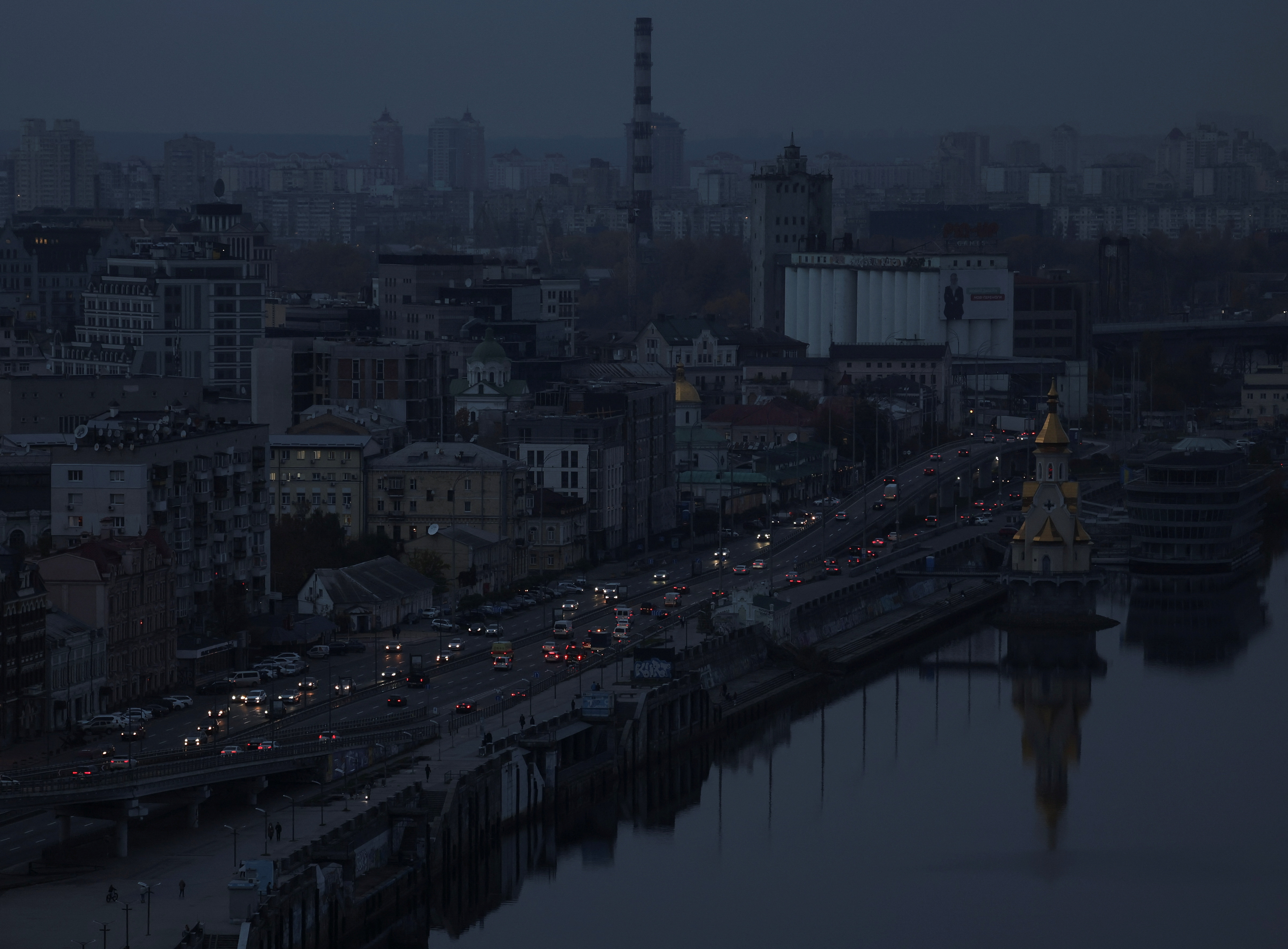 A view shows the city centre without electricity after critical civil infrastructure was hit by a Russian missile attacks in Ukraine in Kyiv
