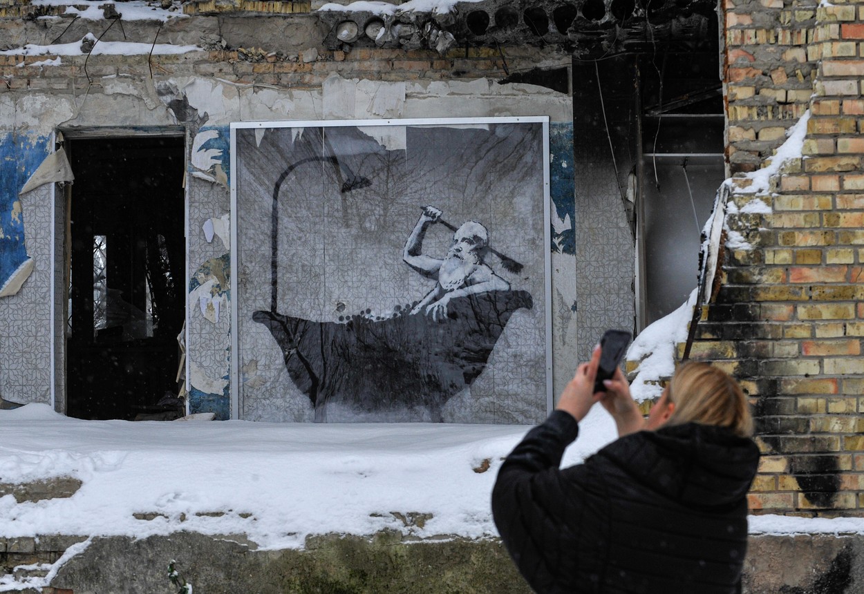 Graffiti by the famous anonymous street artist Banksy in Gorenka - 20 Nov 2022