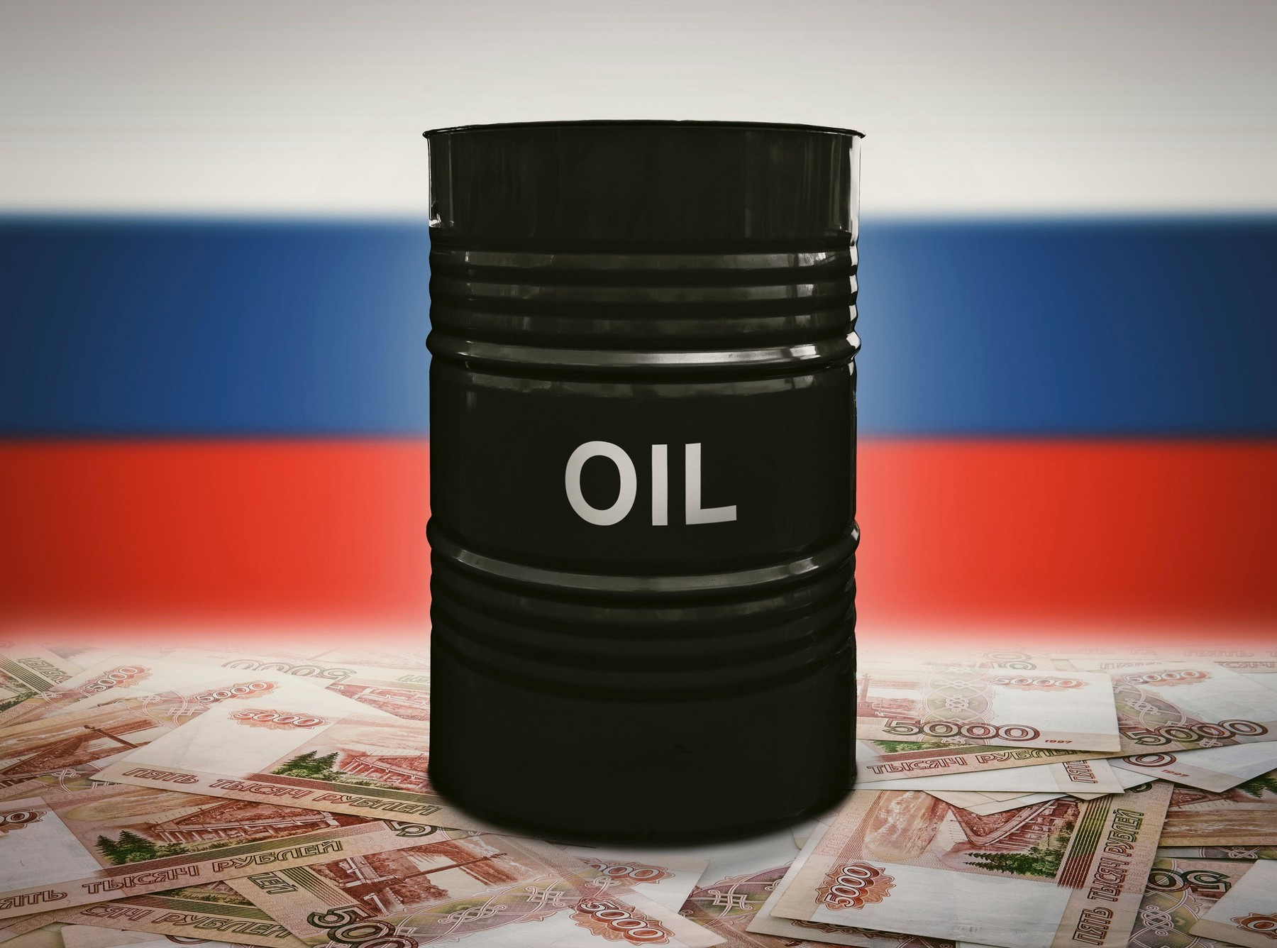 concept of selling minerals for Russian rubles. Earn money from mining gas and oil energy resources. A barrel of oil on the background of the Russian