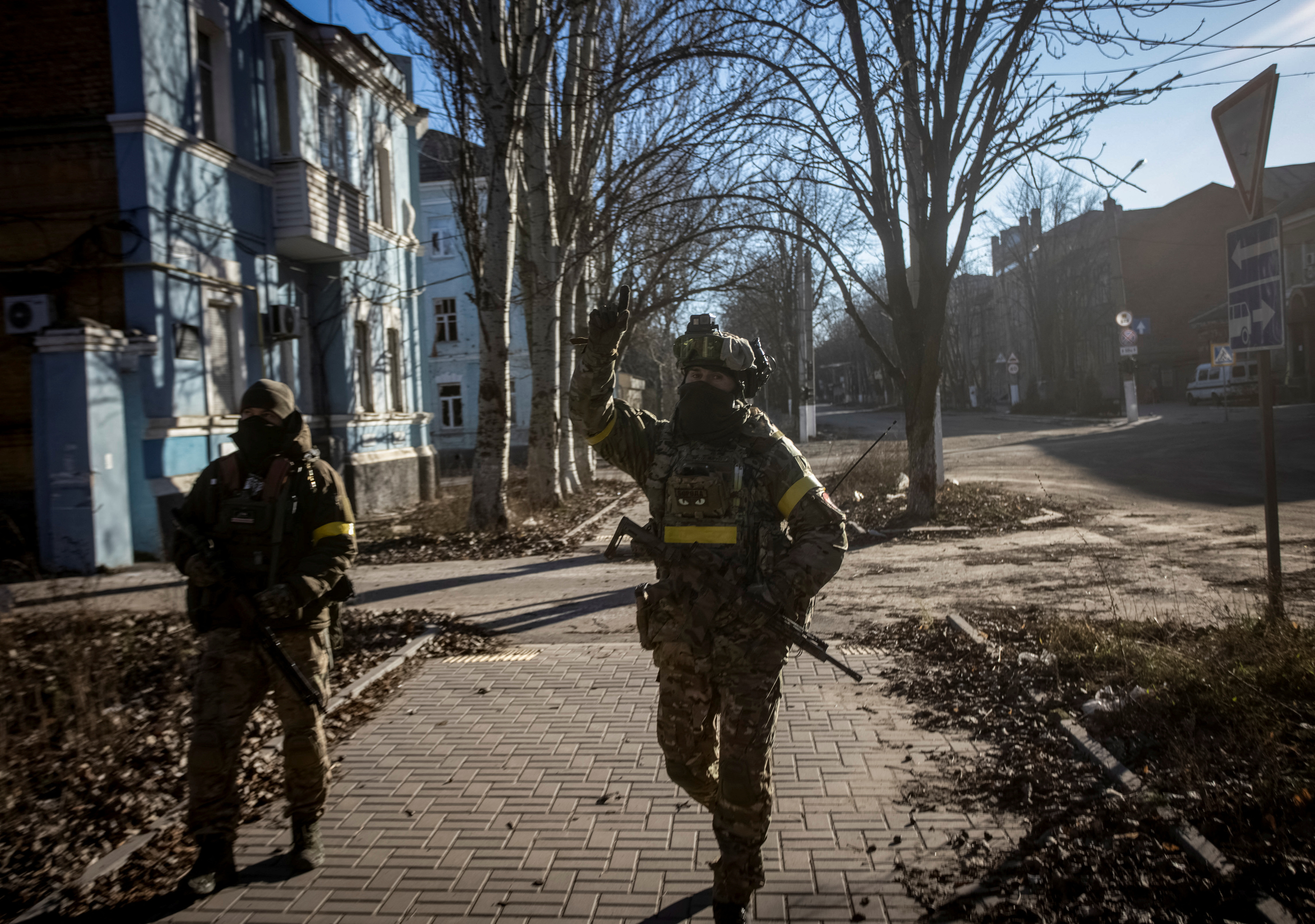 Ukrainian servicemen patrol area in Bakhmut