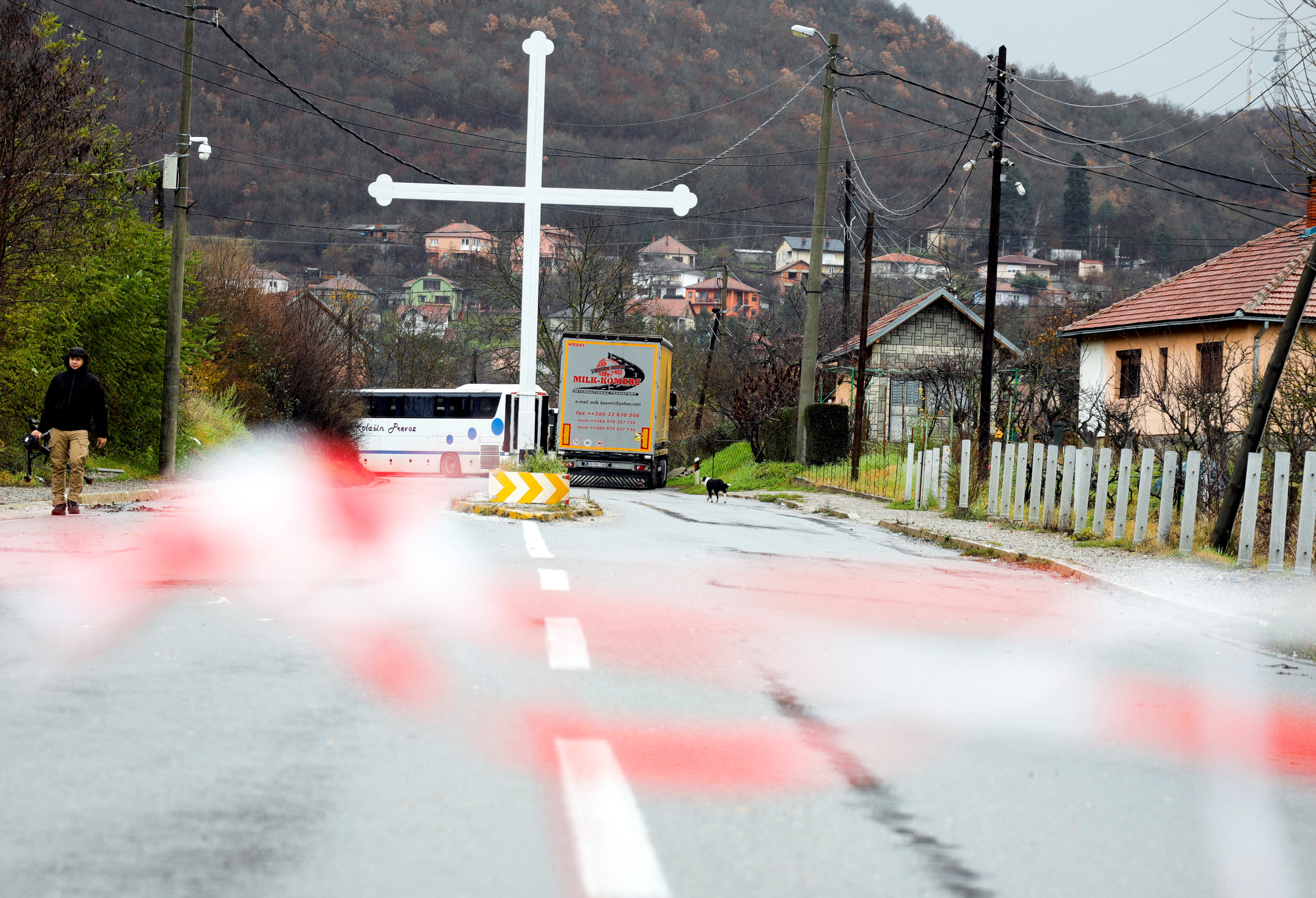 Kosovo Serbs block the road near the village of Rudine