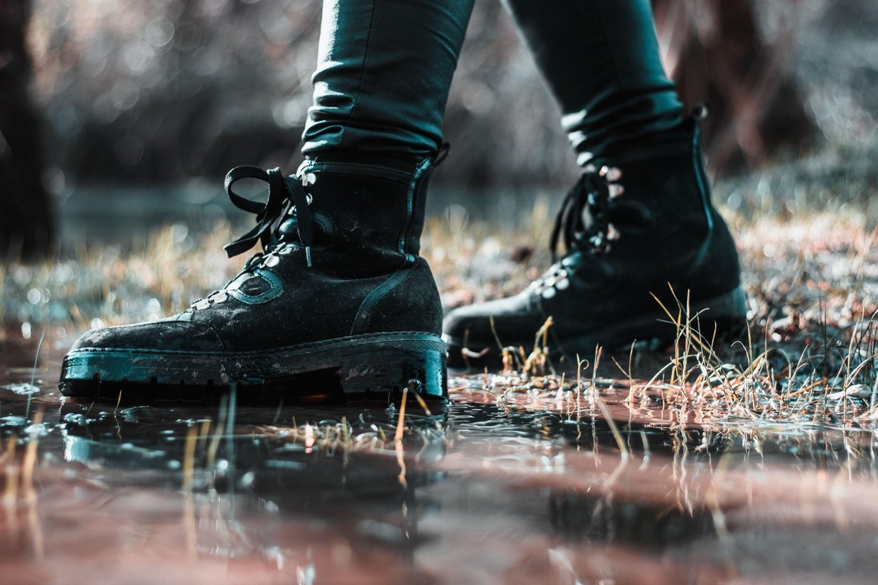Closeup of two woman's black boots, walking on a puddle in the field. Cold rainy winter day, bad weather.Taking a step in the right direction