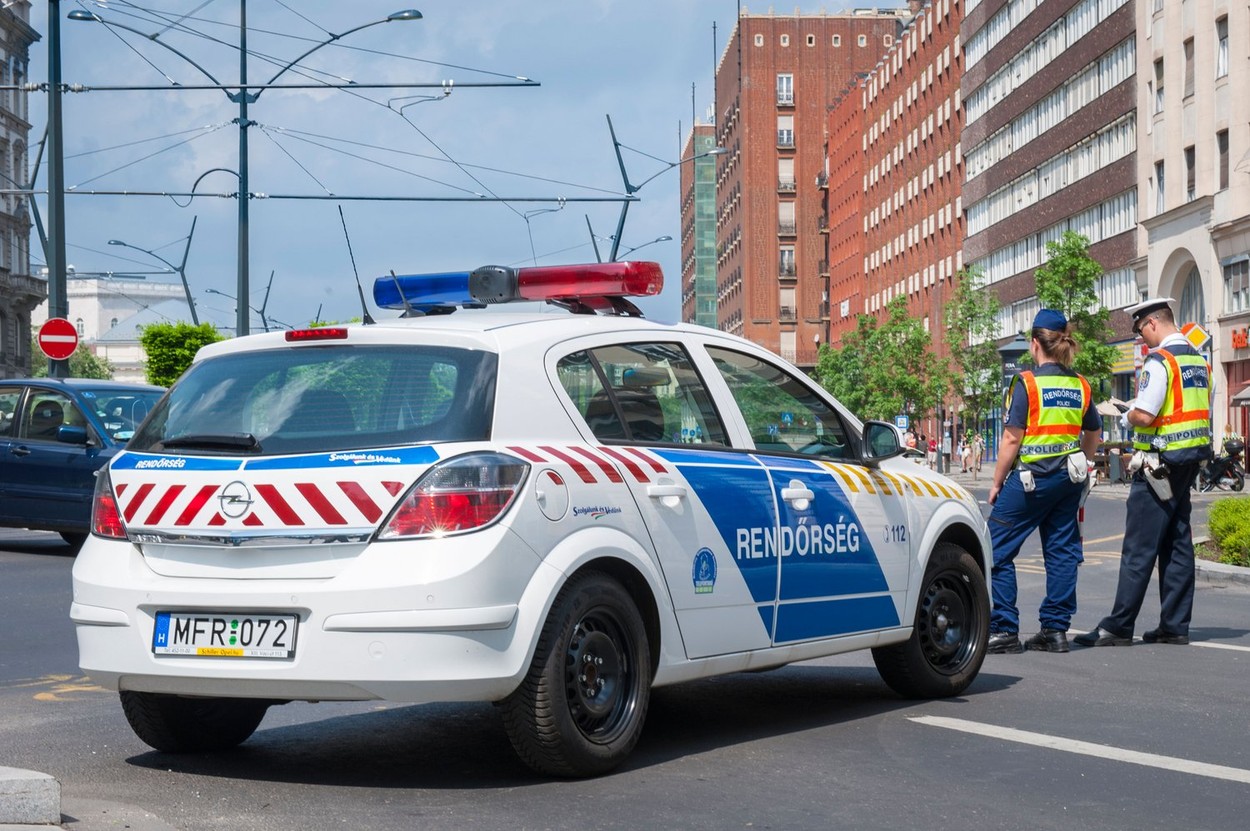 Budapest Hungary Great Synagogue Zsinagoga Rendorseg police car man woman guard guards sentry sentries road block