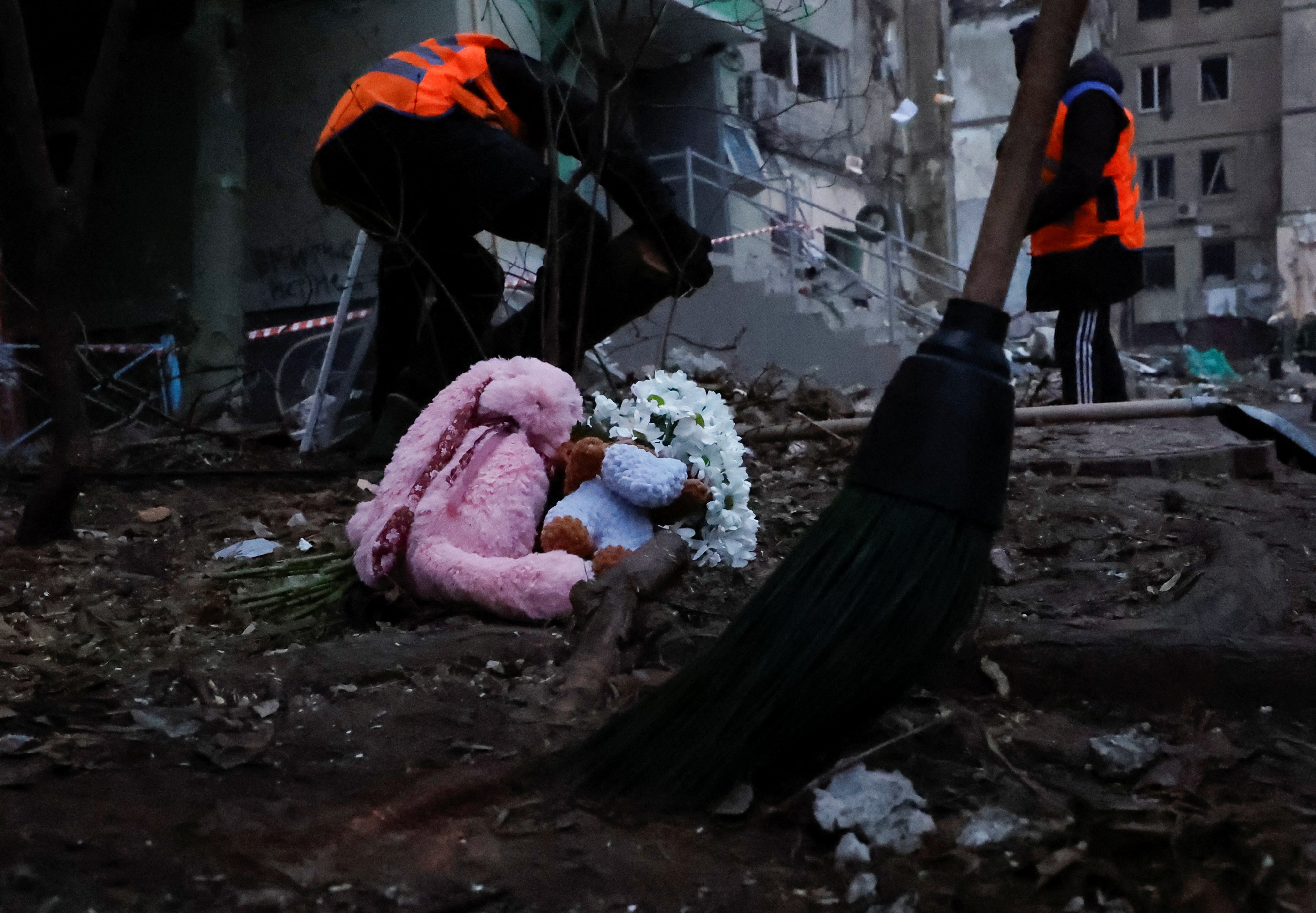 Aftermath of Dnipro apartment block destruction following missile strike