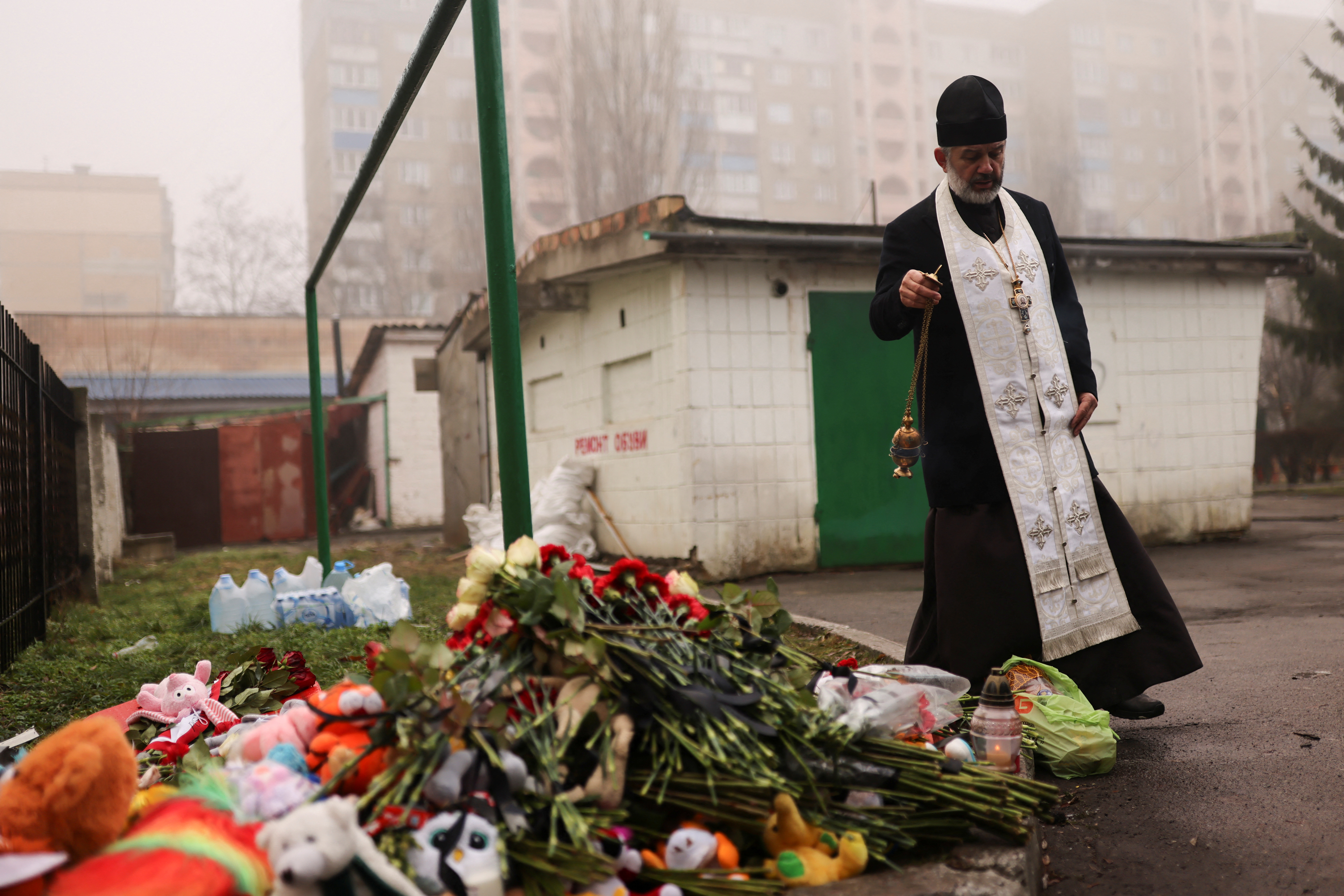 Site of a helicopter falling on civil infrastructure buildings in Brovary