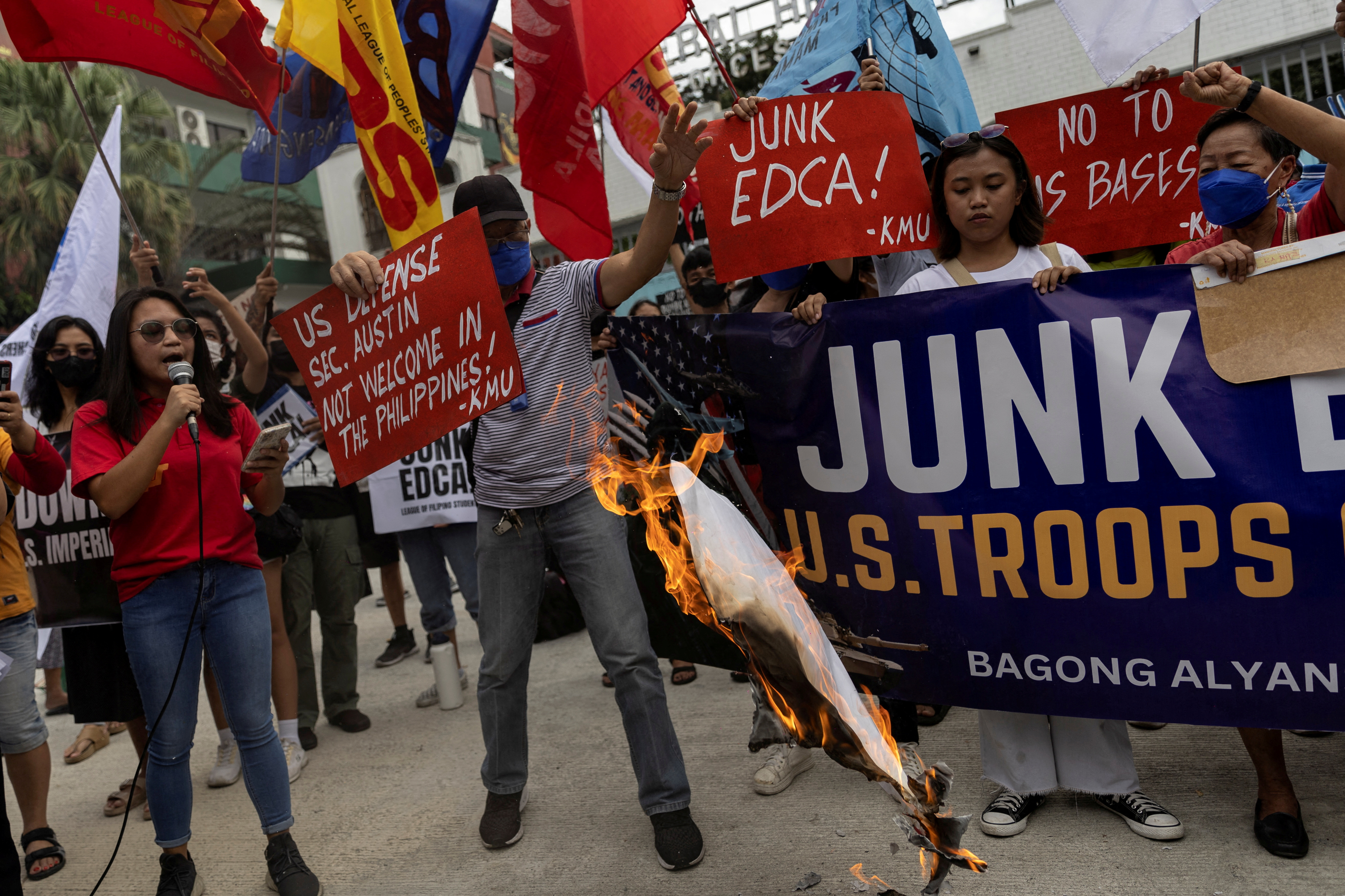 Filipino activists stage protest during U.S. Defense Secretary Lloyd Austin's visit in the Philippines