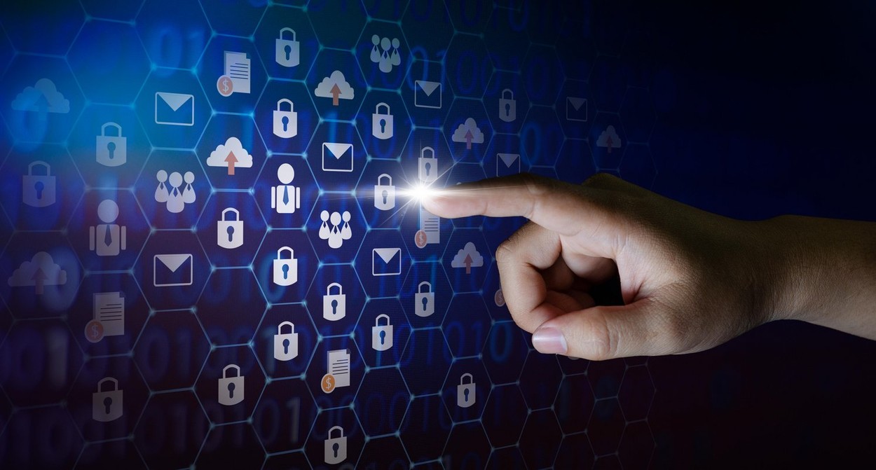 button on virtual screen pressed with finger Global network security world map Key lock security system abstract technology world digital link cyber s