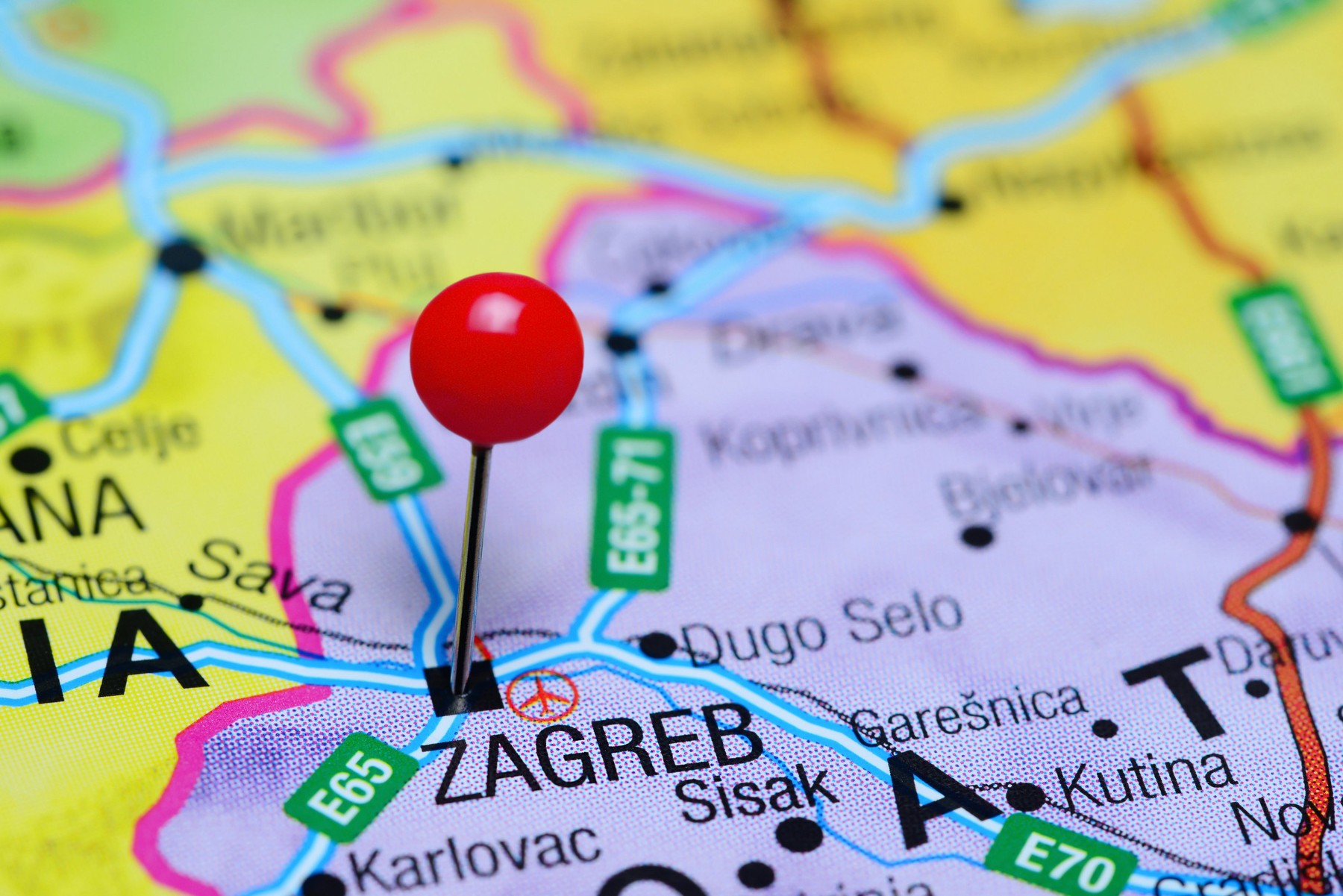 Zagreb pinned on a map of Croatia