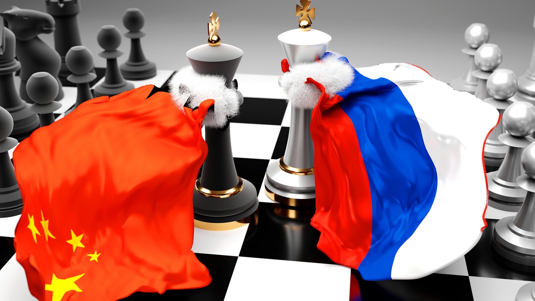 China Russia crisis, clash, conflict and debate between those two countries that aims at a trade deal or dominance symbolized by a chess game with nat
