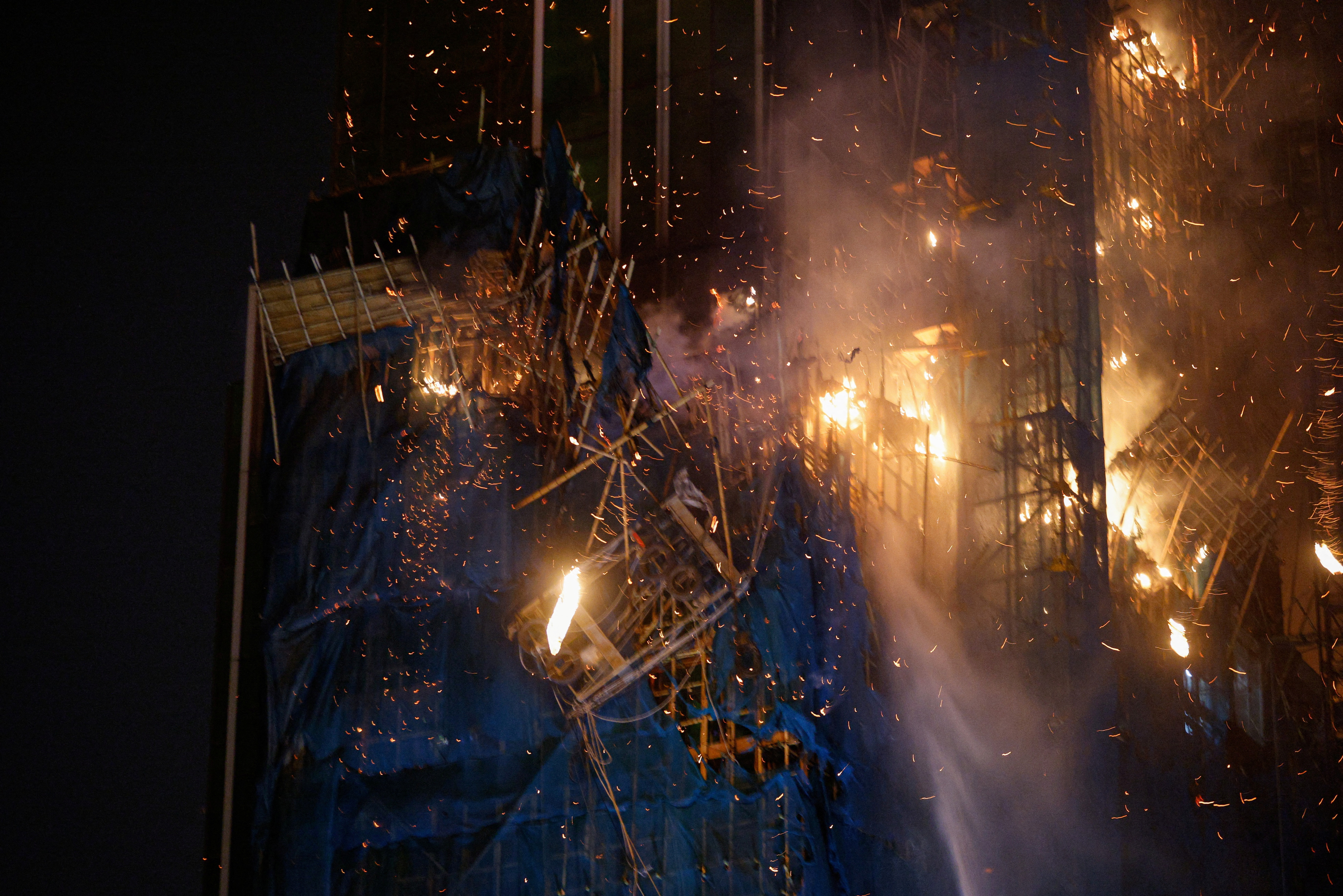 A building is seen on fire in Hong Kong
