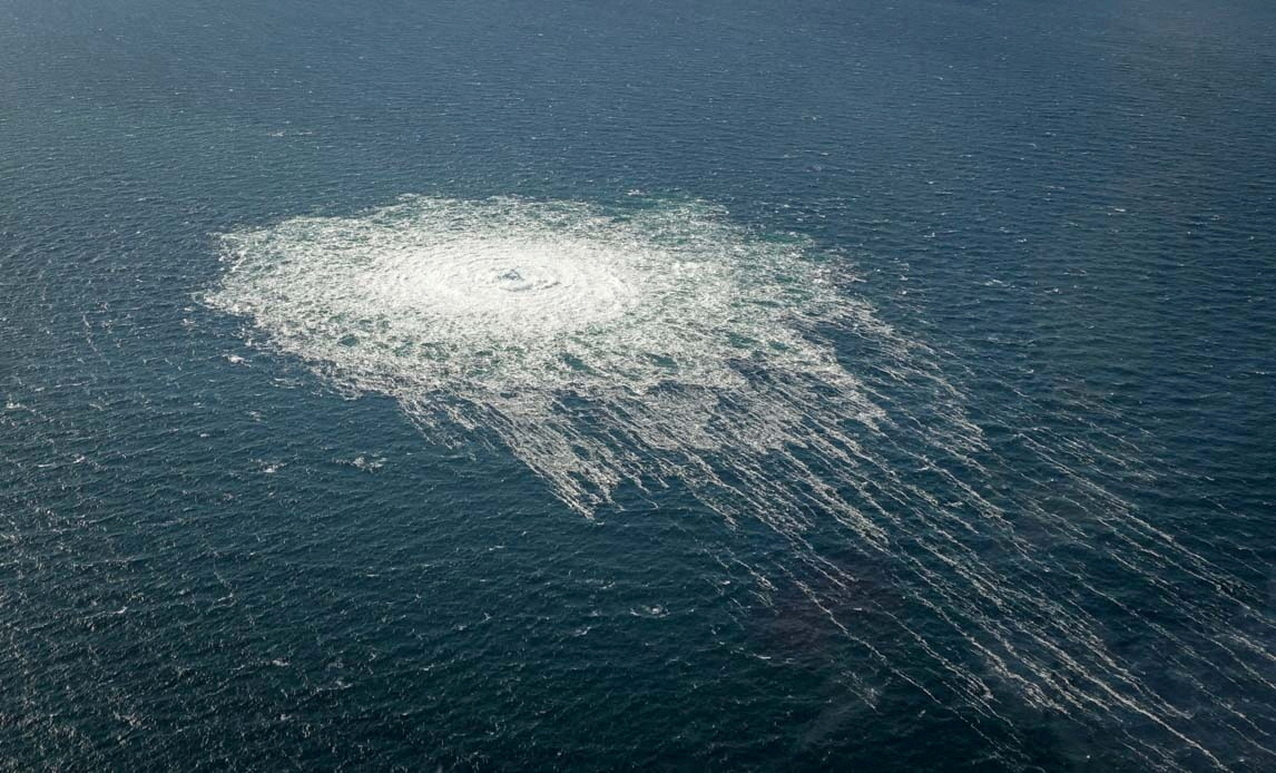 FILE PHOTO: Gas bubbles from the Nord Stream 2 leak reaching surface of the Baltic sea in the area shows disturbance of well over one kilometre  diameter near Bornholm