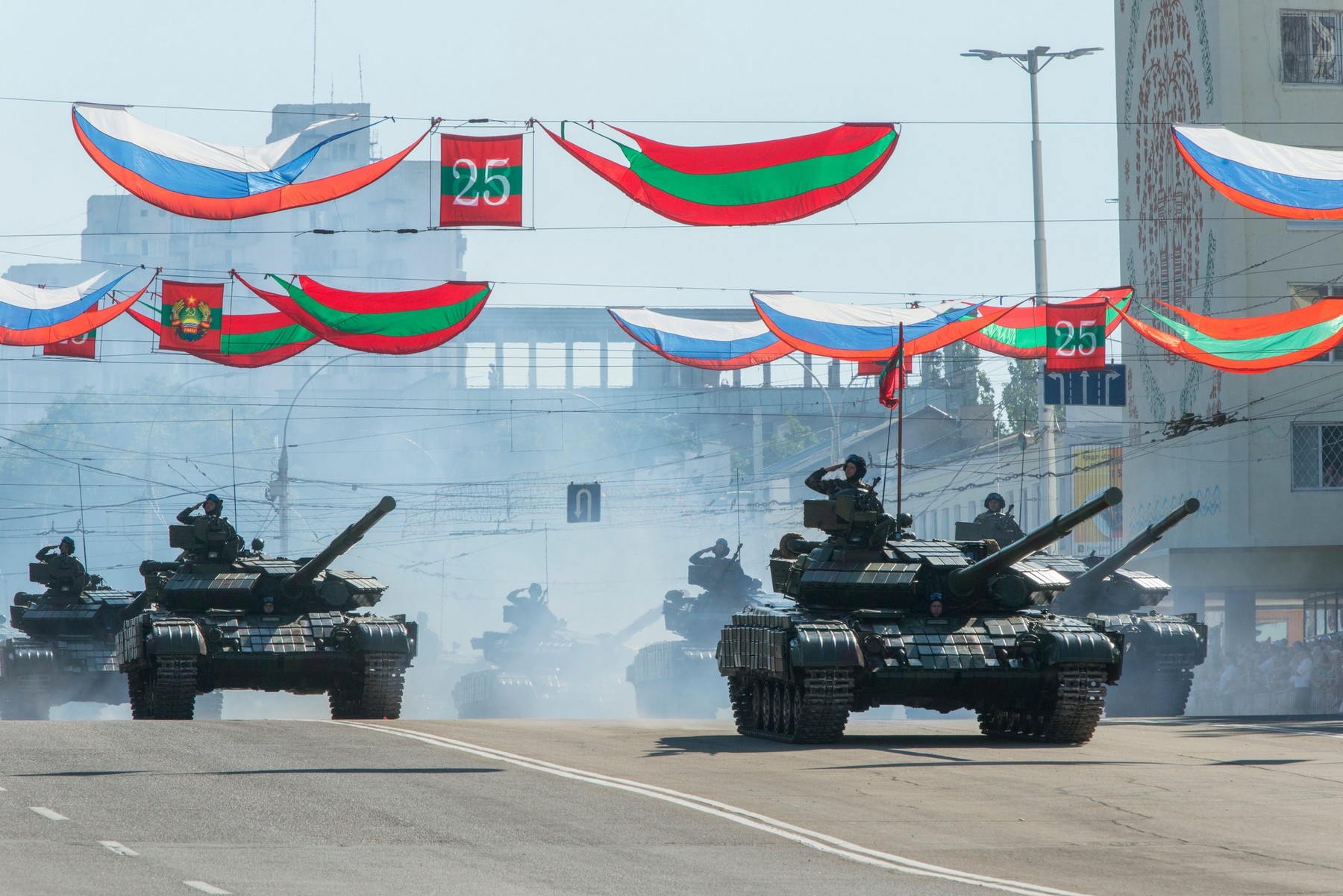 Tanks Parading - 25th Anniversary of the Pridnestrovian Moldavian Republic PMR, Transnistria, Soviet USSR Moldova