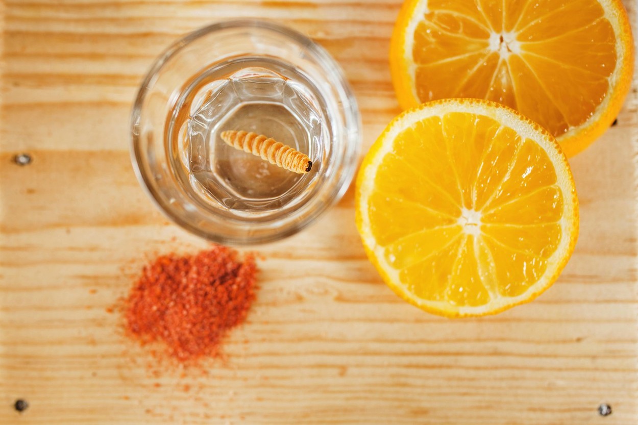 Mezcal mexican drink with orange slices and worm salt in oaxaca mexico