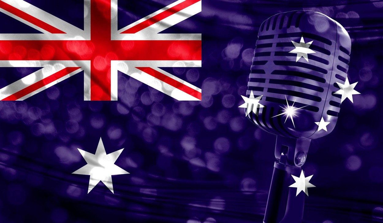 Microphone on a background of a blurry flag Australia close-up