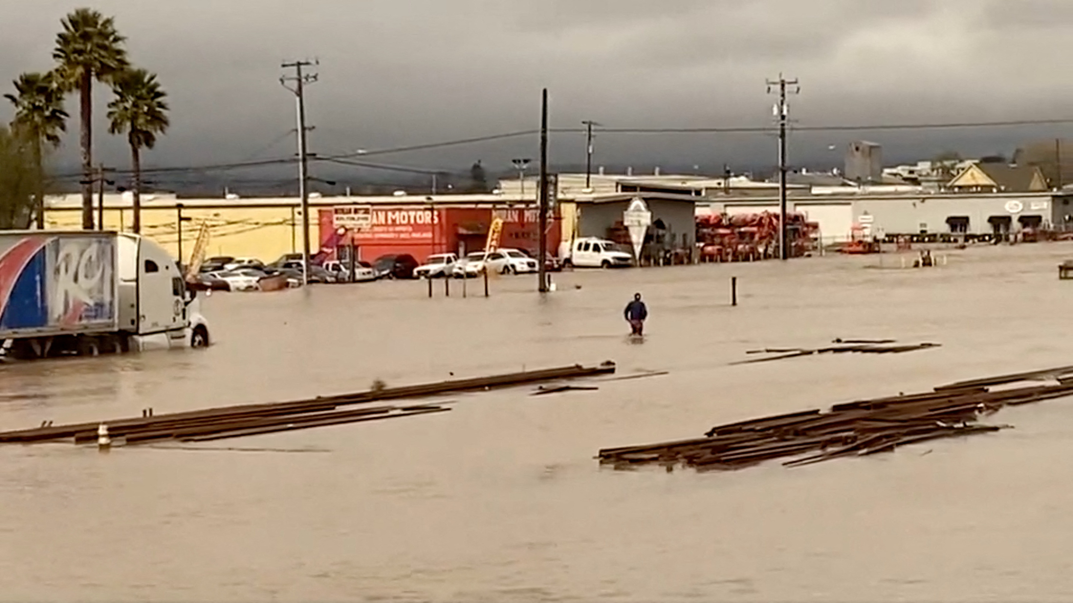 A general view of a flooded street in Pajaro, California