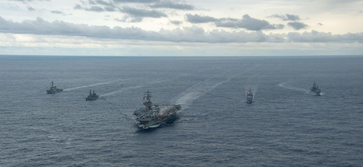 221120-N-RQ159-1818 PHILIPPINE SEA (Nov. 20, 2022) The U.S. Navys only forward-deployed aircraft carrier, USS Ronald Reagan (CVN 76), steams in formation with Arleigh Burke-class guided-missile destroyer, USS Milius (DDG 69), Japan Maritime Self-Defense F