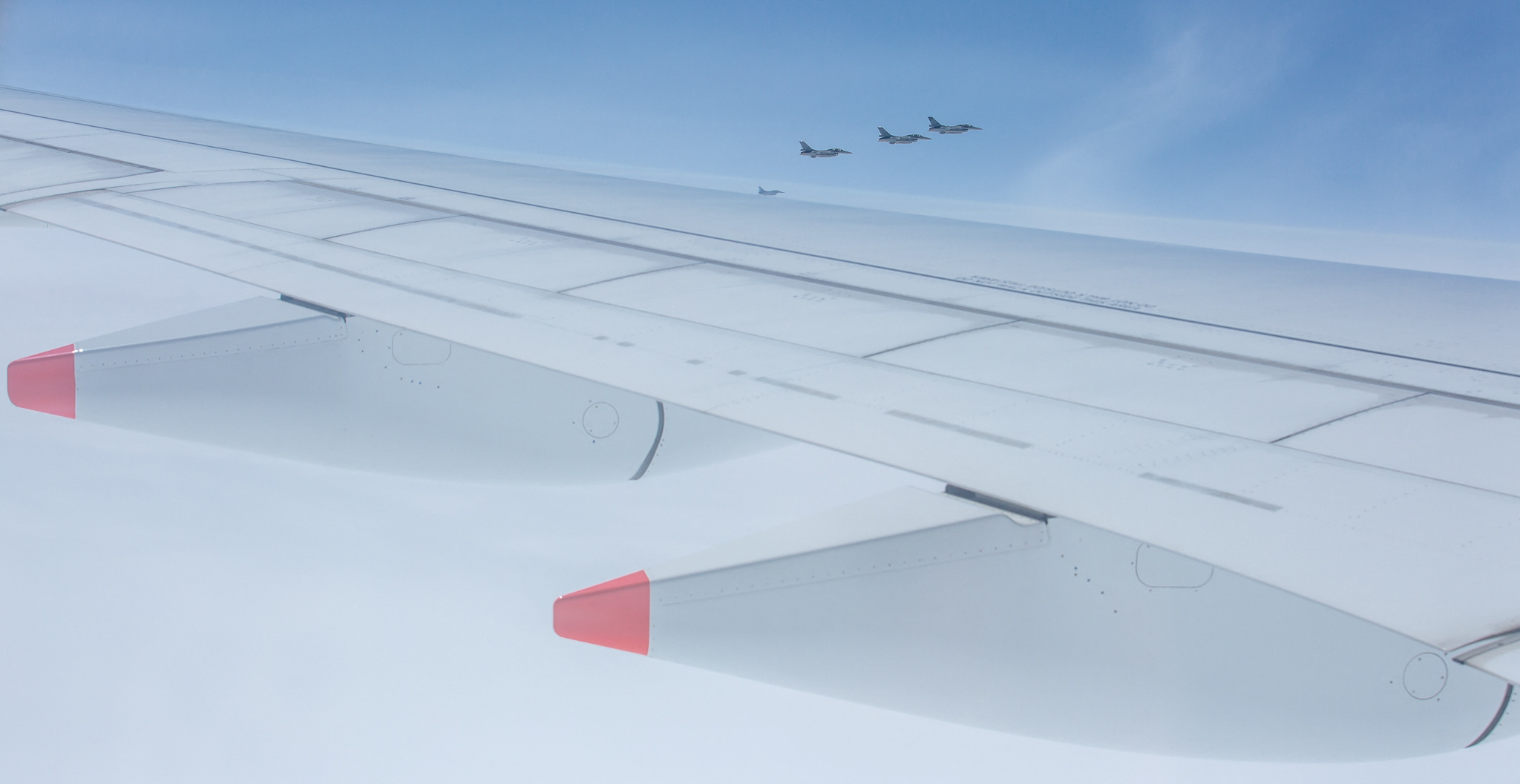 Taiwan Air Force F-16 fighter jets fly near the airplane transporting Taiwan's President Tsai Ing-wen during her trip to Guatemala and Belize, stopping in New York