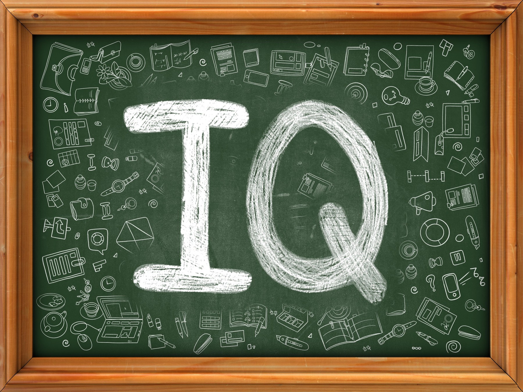 IQ Concept. Green Chalkboard with Doodle Icons.