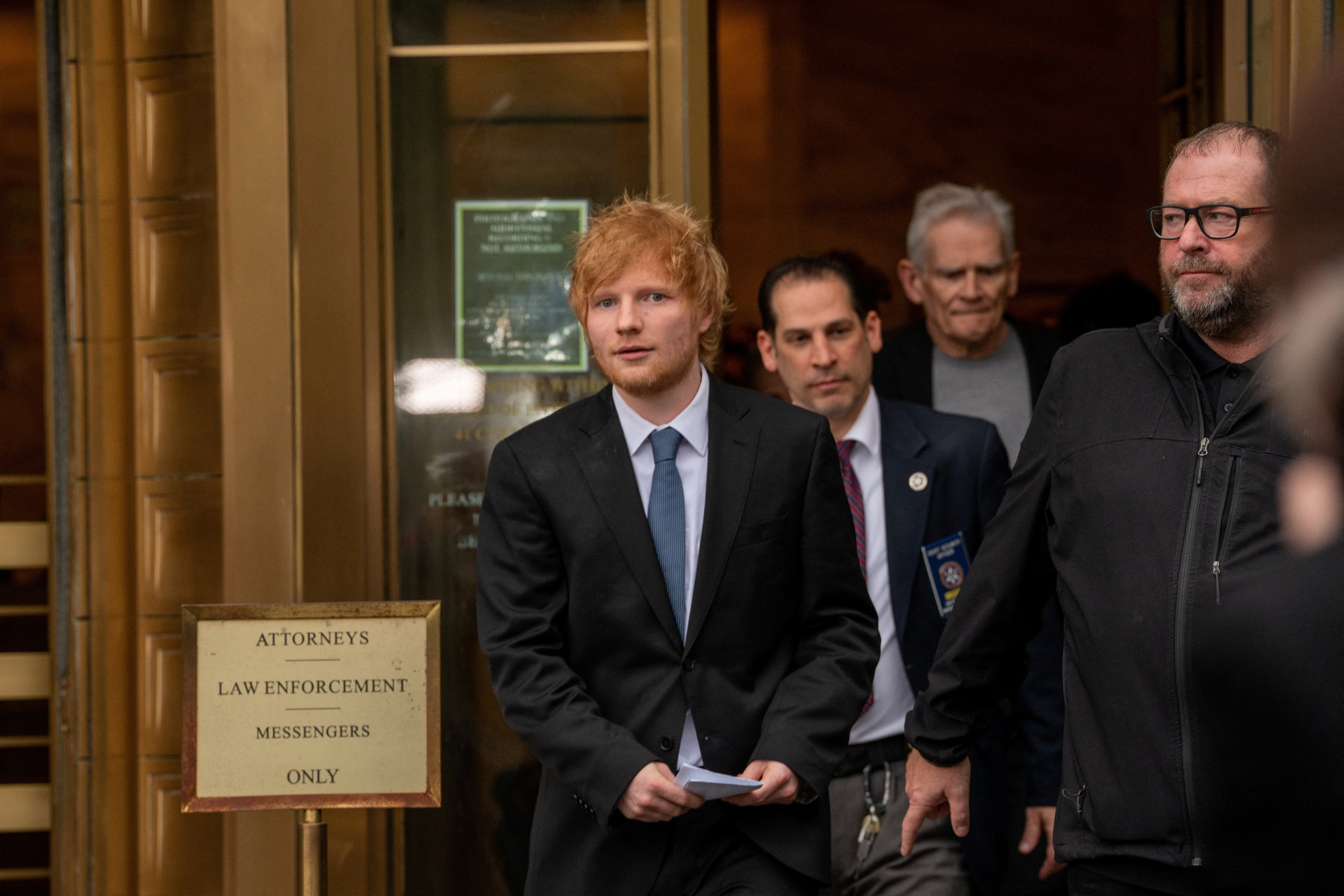 Singer Ed Sheeran departs Federal Court in New York