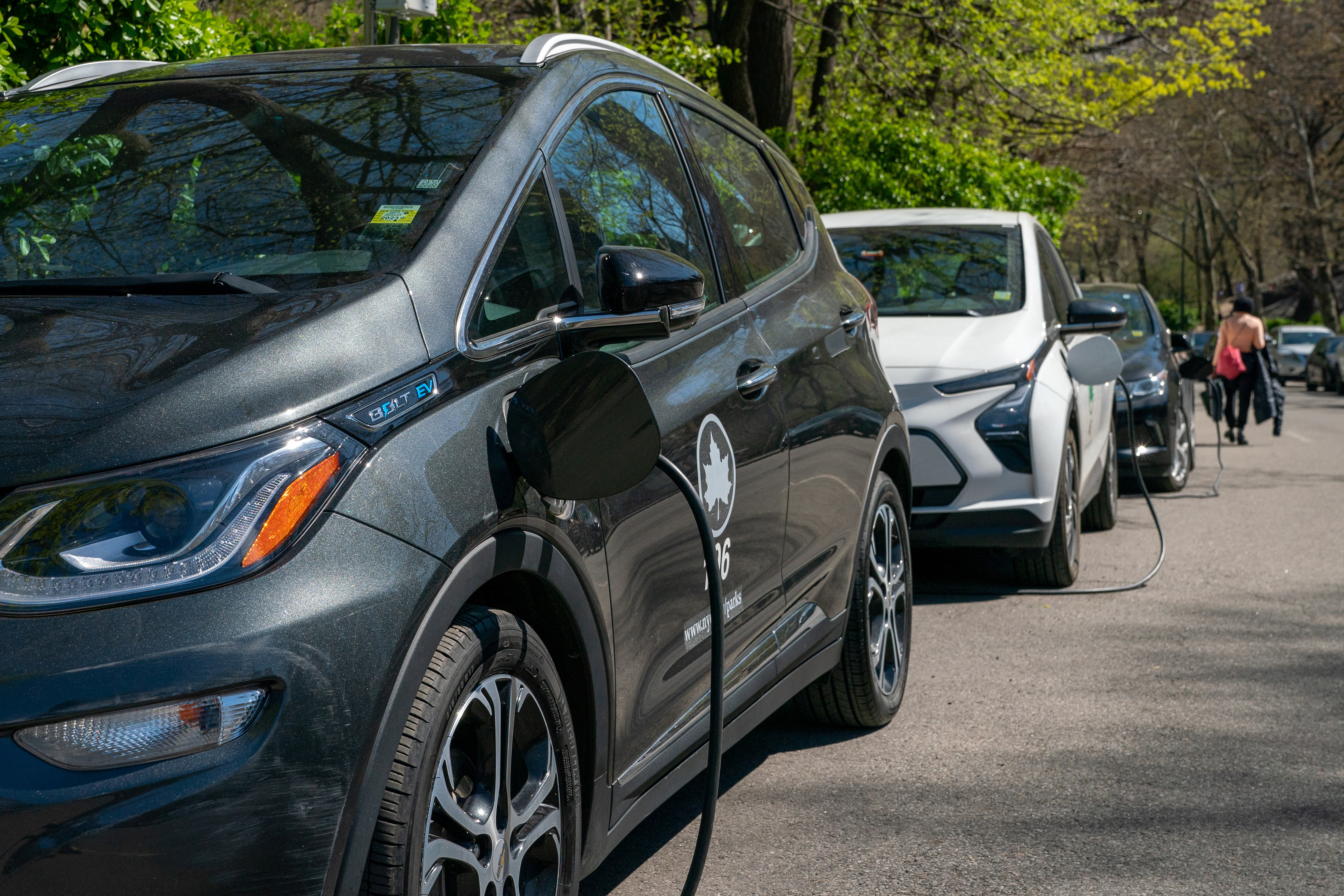 Electric New York City Parks Department vehicles are seen charging in Central Park