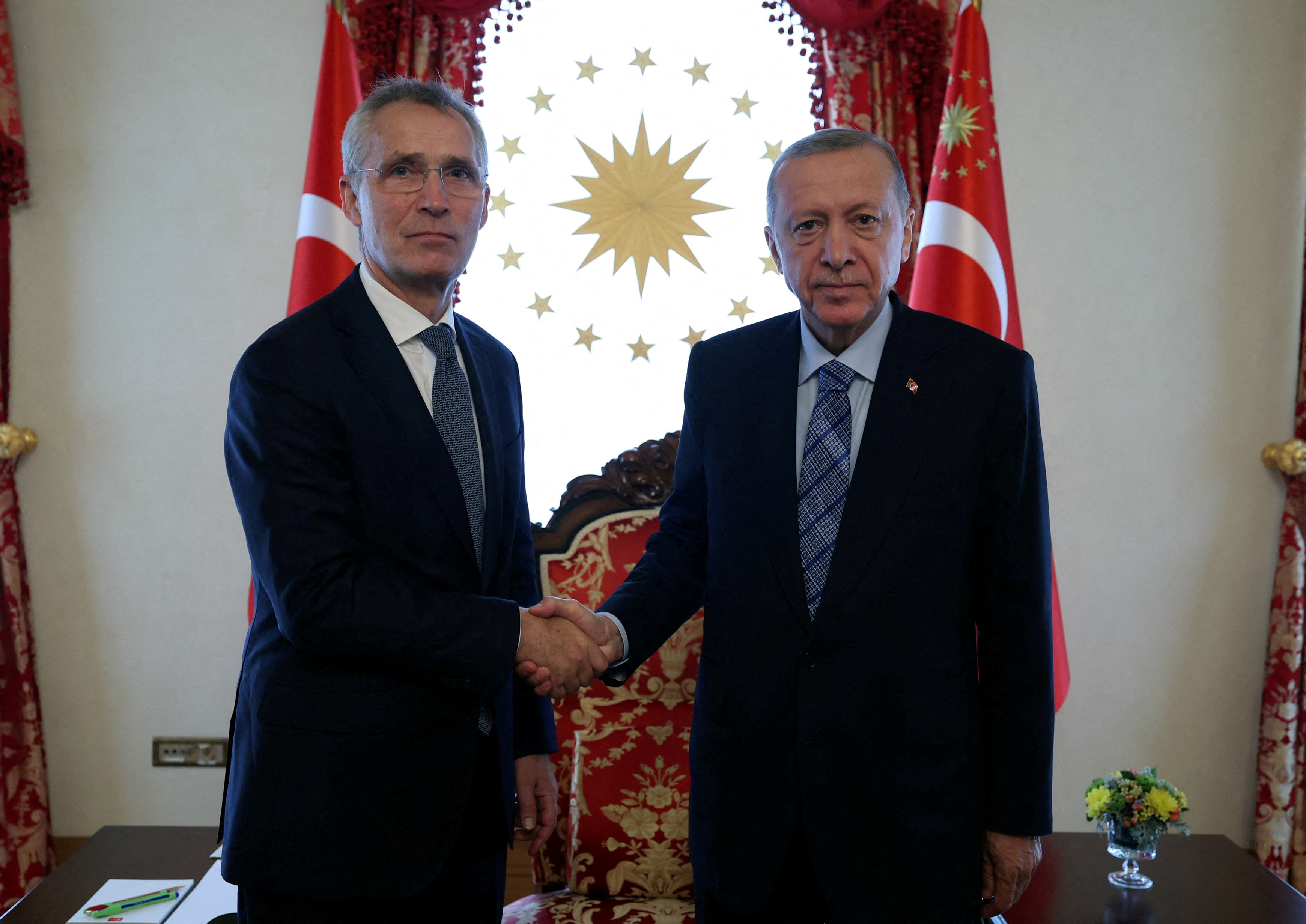 FILE PHOTO: Turkey's President Tayyip Erdogan shakes hands with NATO Secretary General Jens Stoltenberg in Istanbul
