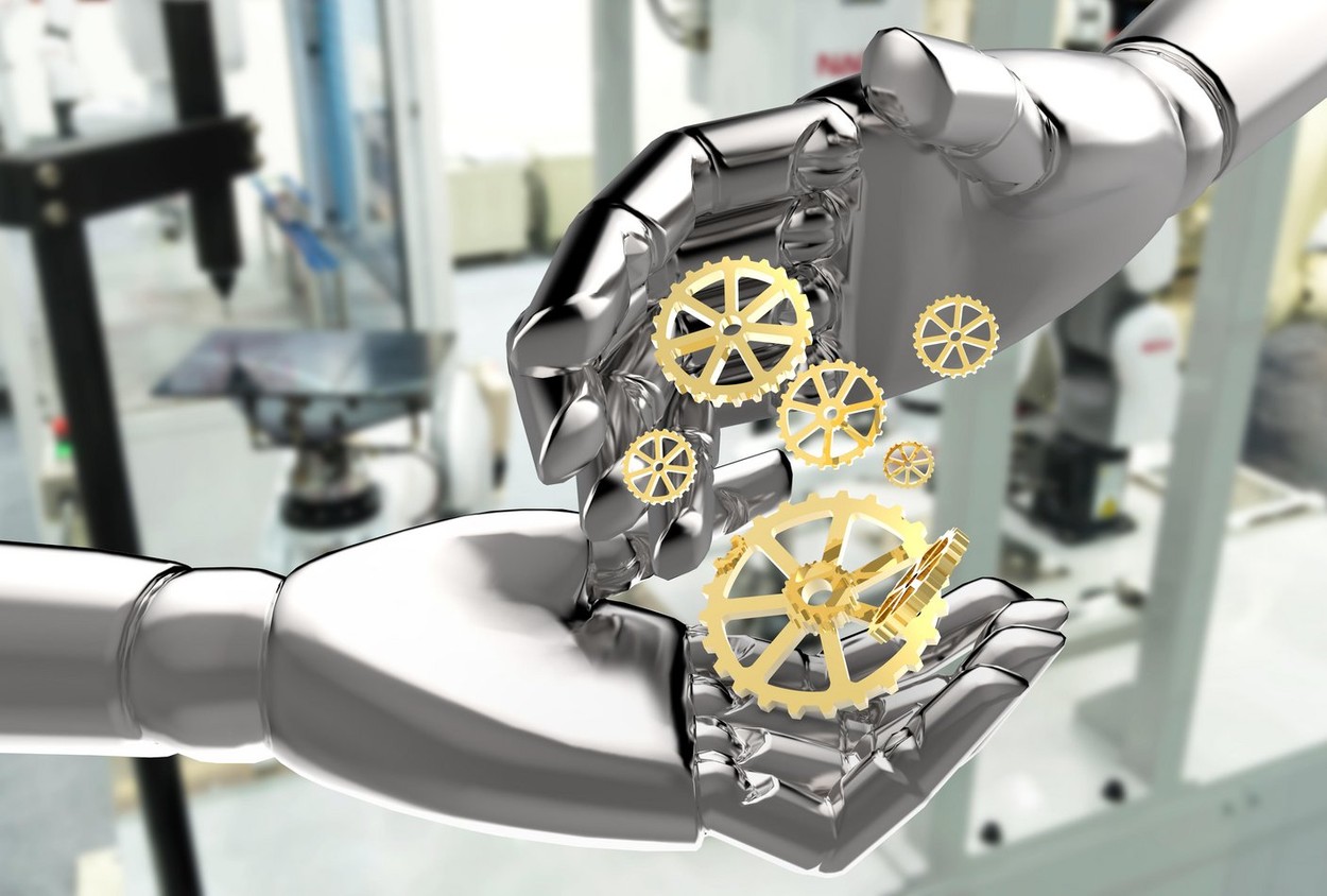 Robots , artificial intelligence disruptive and destroy human jobs. Industrial revolution , industry 4.0 technology concept 3d rendering robot hands a