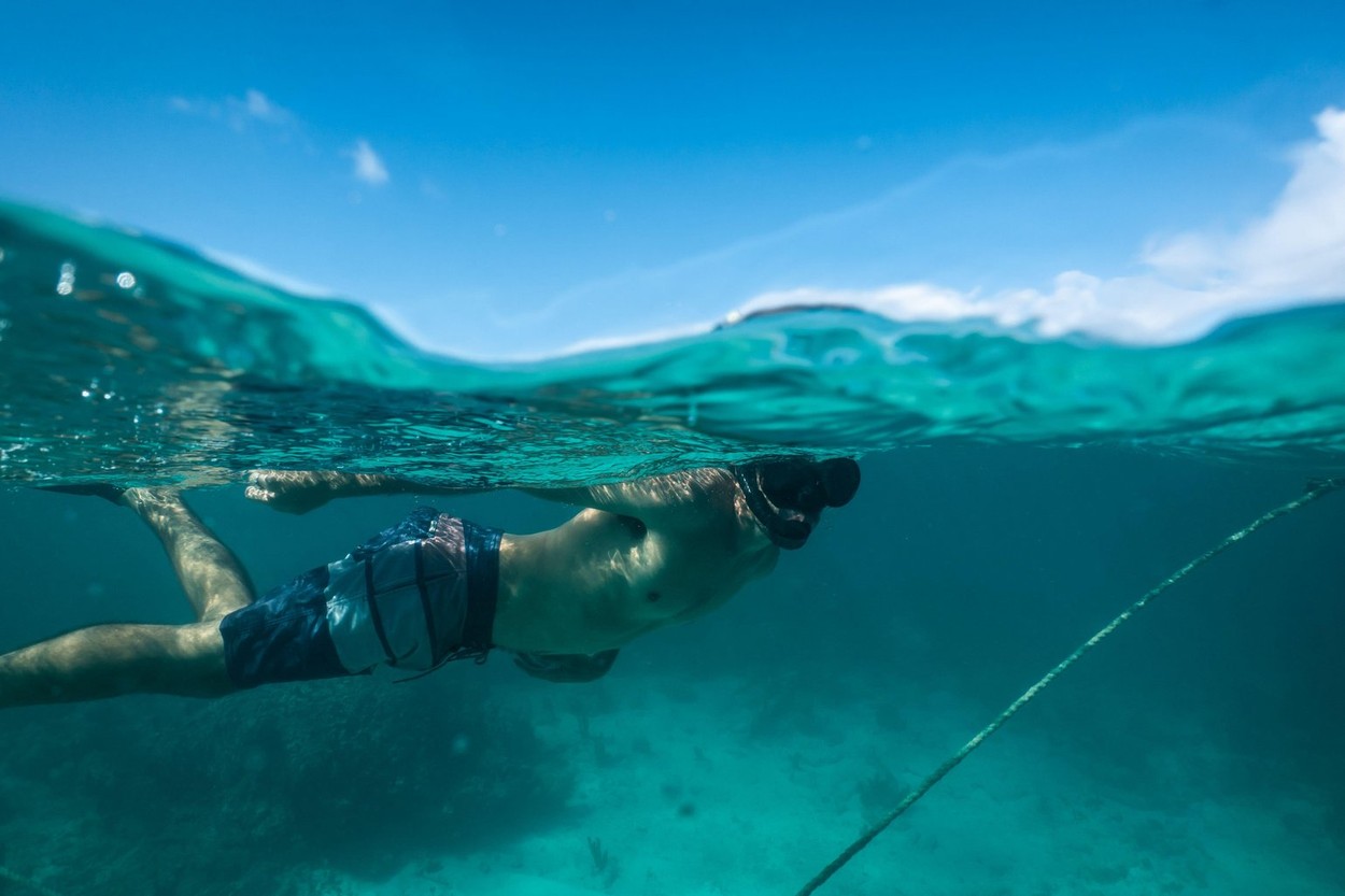 Providenciales, Turks and Caicos Islands - March 3 2023: A snorkeler/diver explores the coral heads at Smith's Reef, a popular local snorkelling spot.