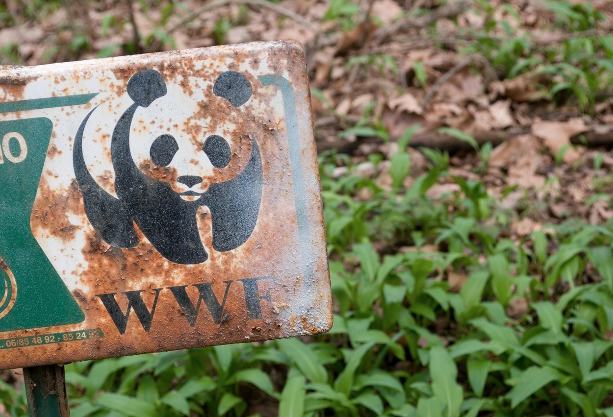 rusted WWF sign in nature reserve