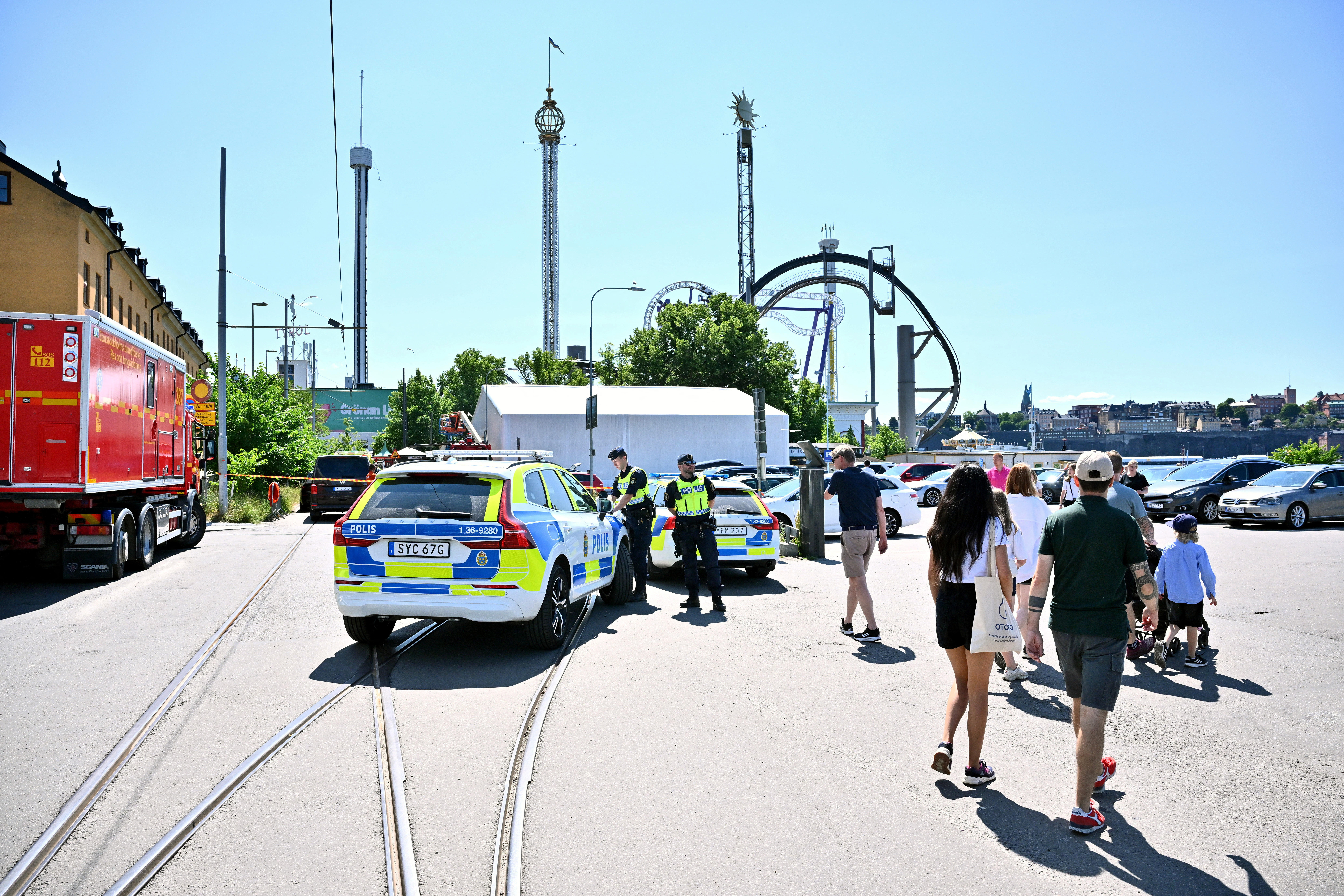 Police at the scene after roller coaster accident at amusement park in Stockholm