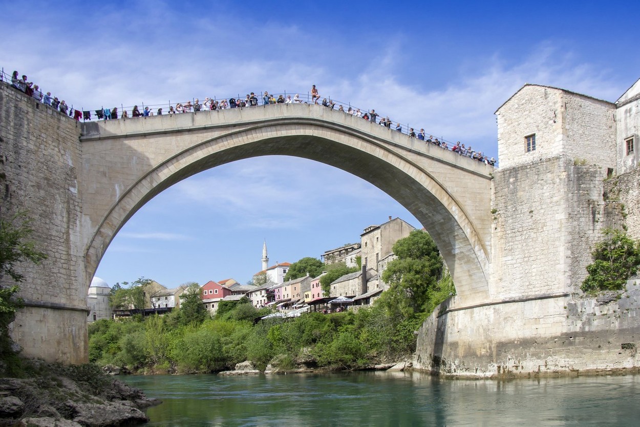 Mostar with the Old Bridge houses and minarets in Bosnia and Herzegovina