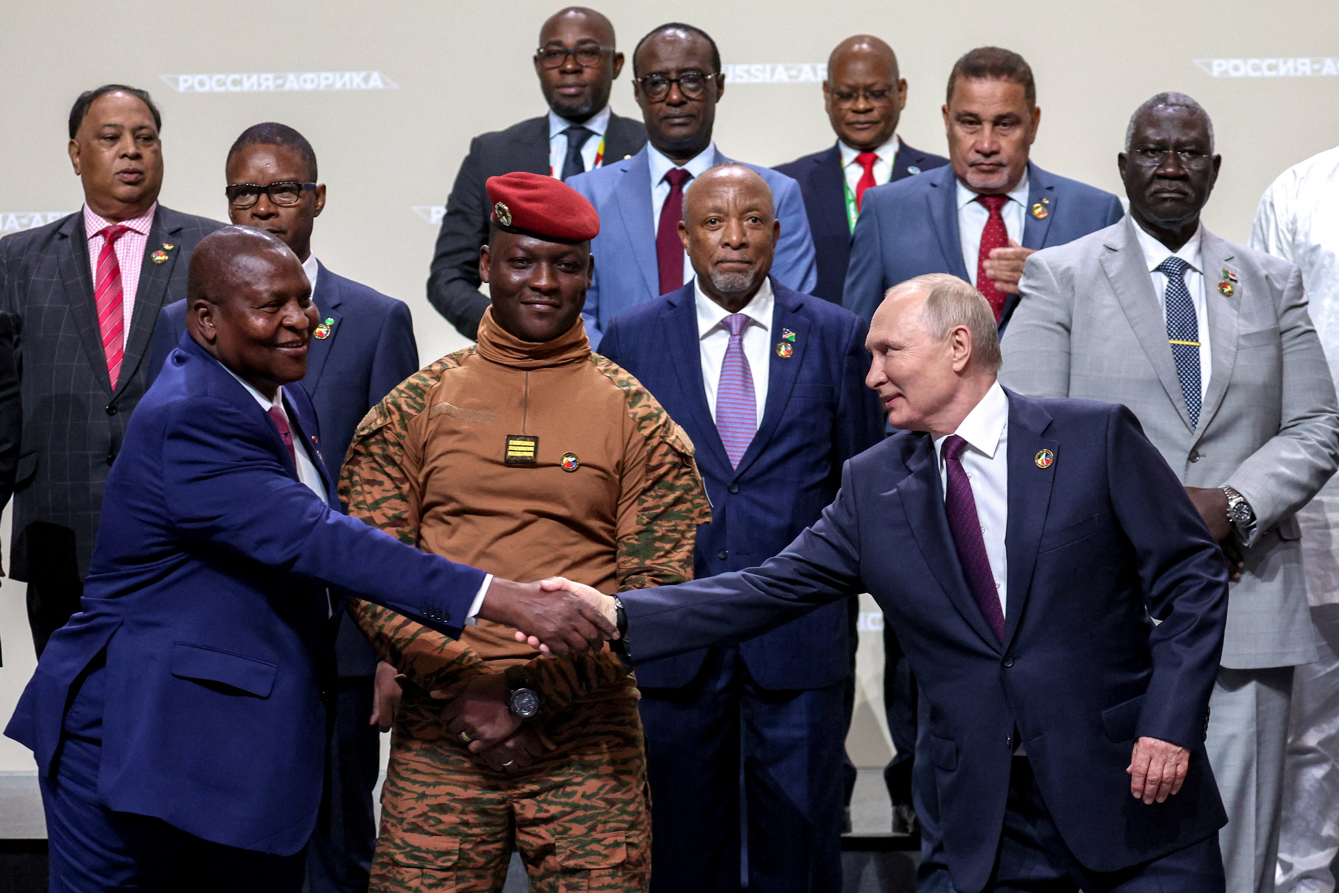 Participants of the Russia-Africa summit pose for a photo in Saint Petersburg