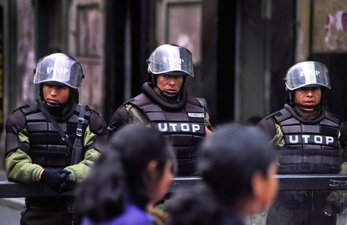 Riot Police during protest near Presidential Palace, 2006. Murillo square, La Paz, Bolivia.