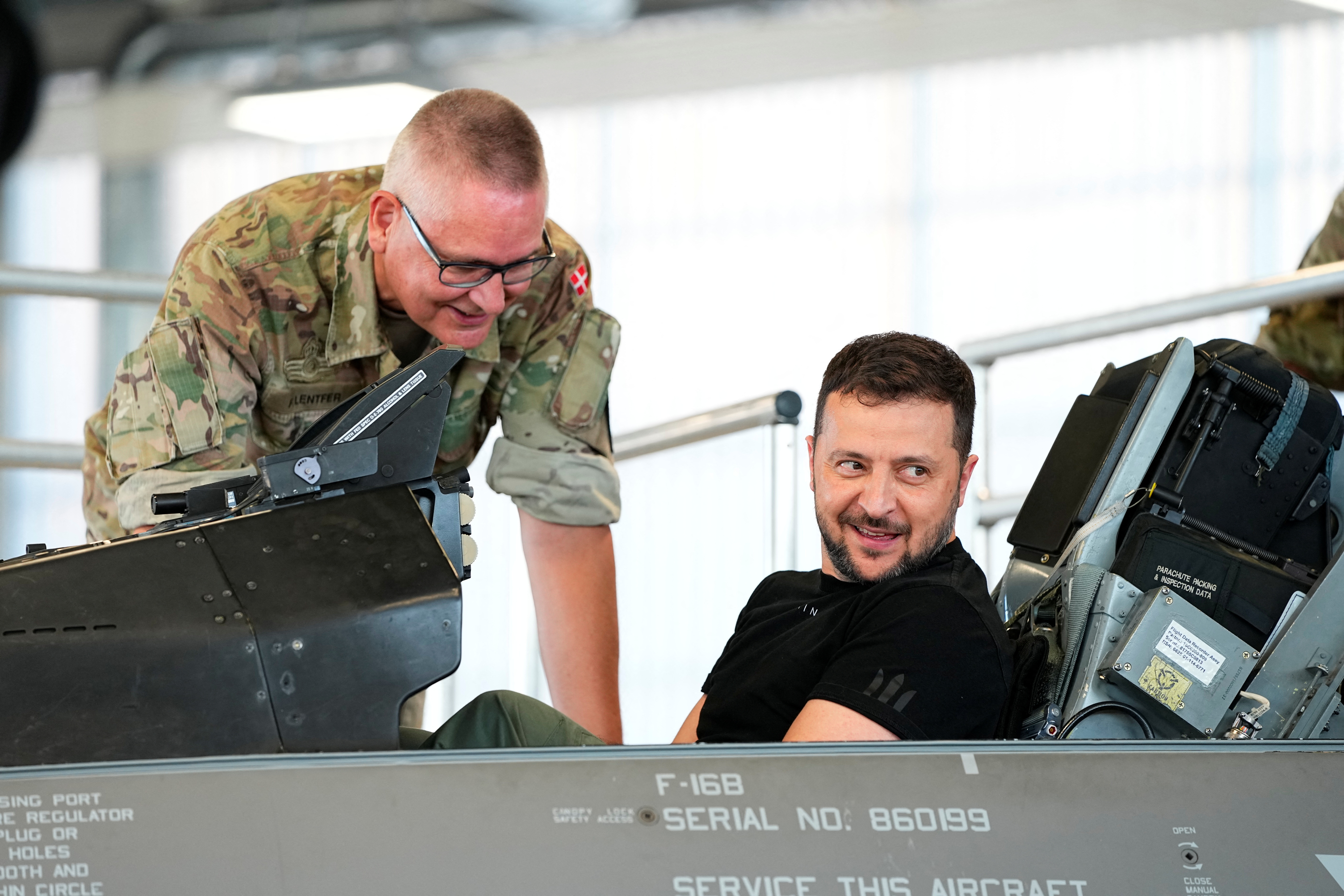 Ukrainian President Volodymyr Zelenskiy sits in an F-16 fighter jet at Skrydstrup Air Base in Vojens