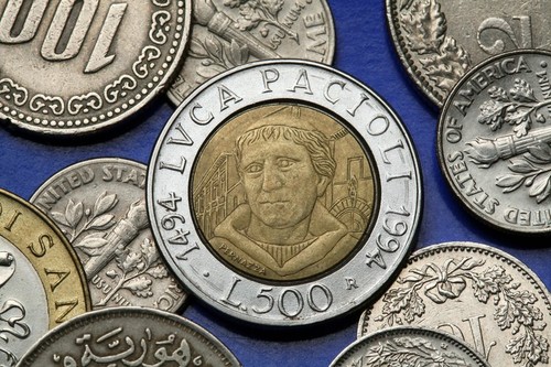 Coins of Italy. Italian Renaissance mathematician Luca Pacioli depicted in the old Italian 500 lira coin.