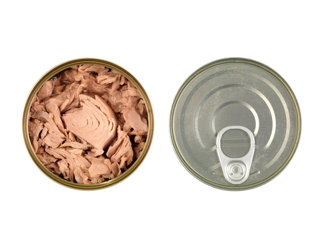 Canned tuna isolated against a white background