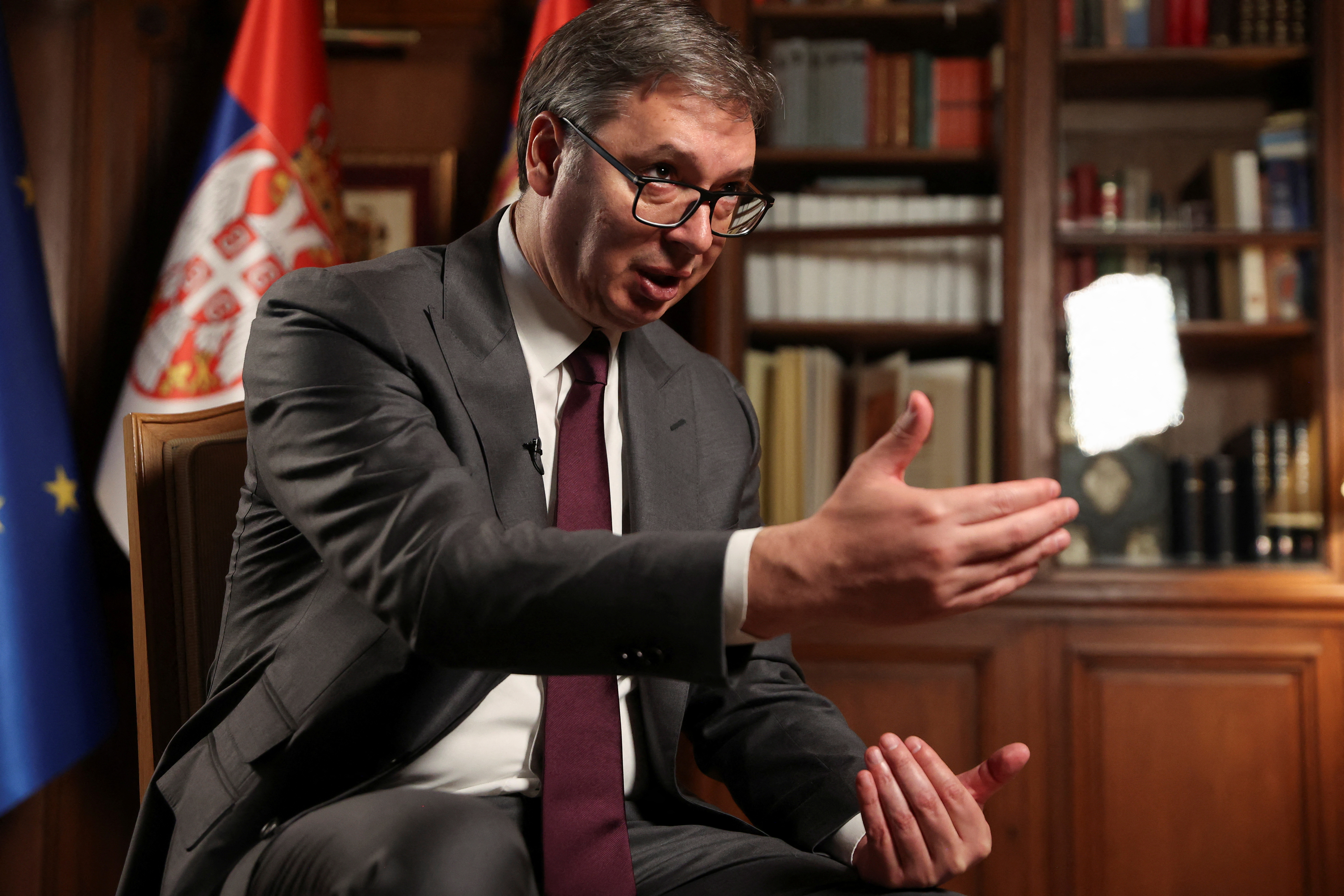 Serbian President Aleksandar Vucic speaks during an interview with Reuters in Belgrade