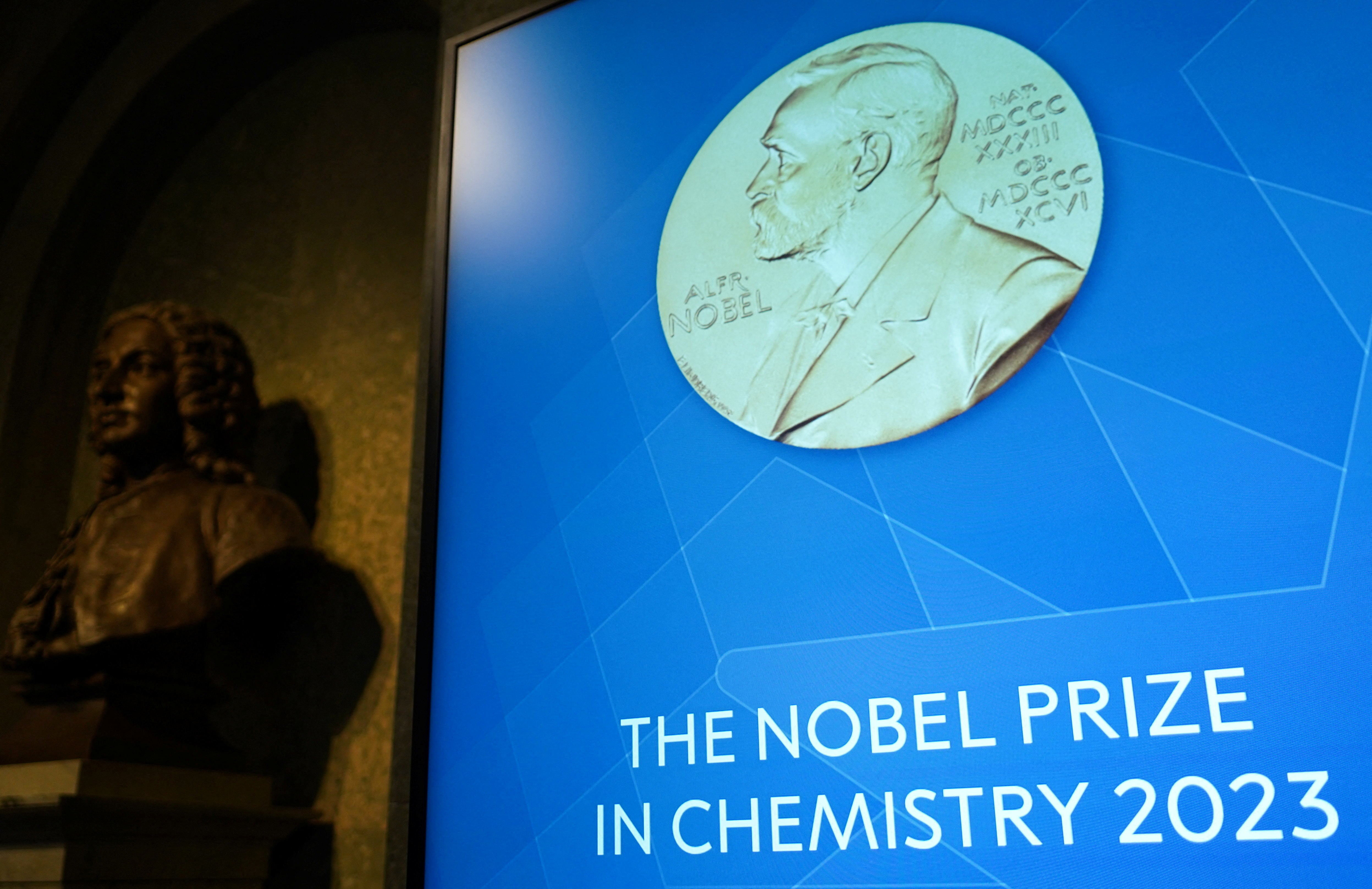 A view of a screen inside the Royal Swedish Academy of Sciences, where the Nobel Prize in Chemistry is announced, in Stockholm