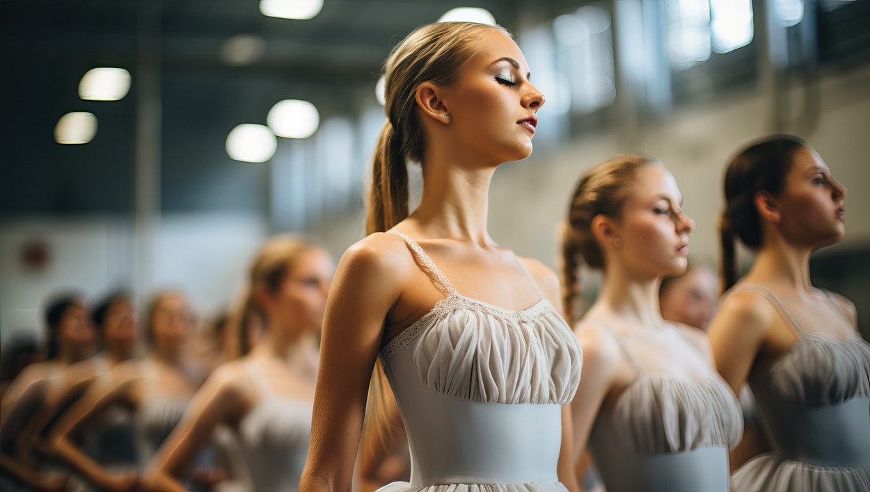 Fashion show in the studio. Group of beautiful young women in white dresses.