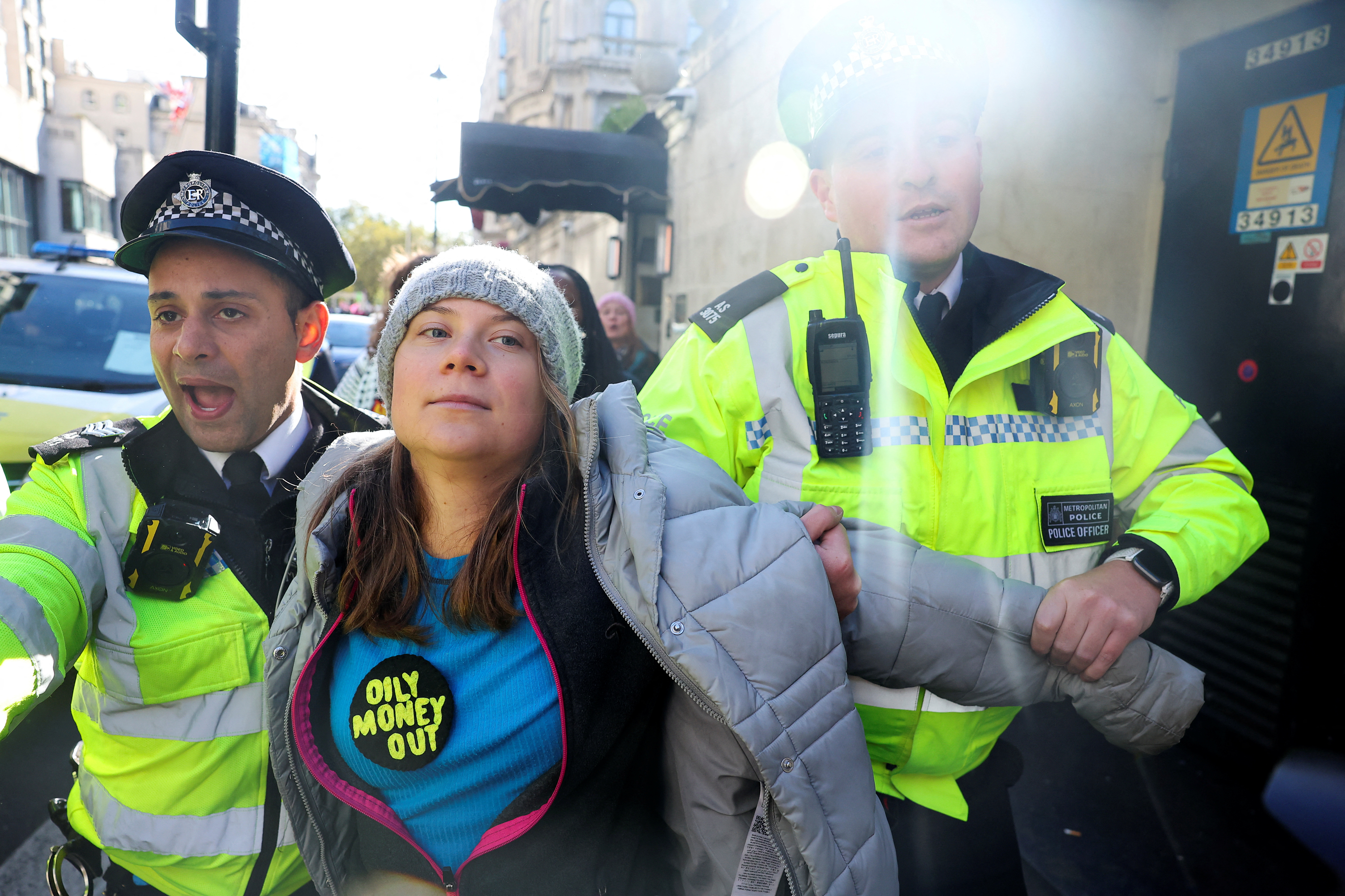 Swedish climate campaigner Greta Thunberg attends an Oily Money Out and Fossil Free London protest in London