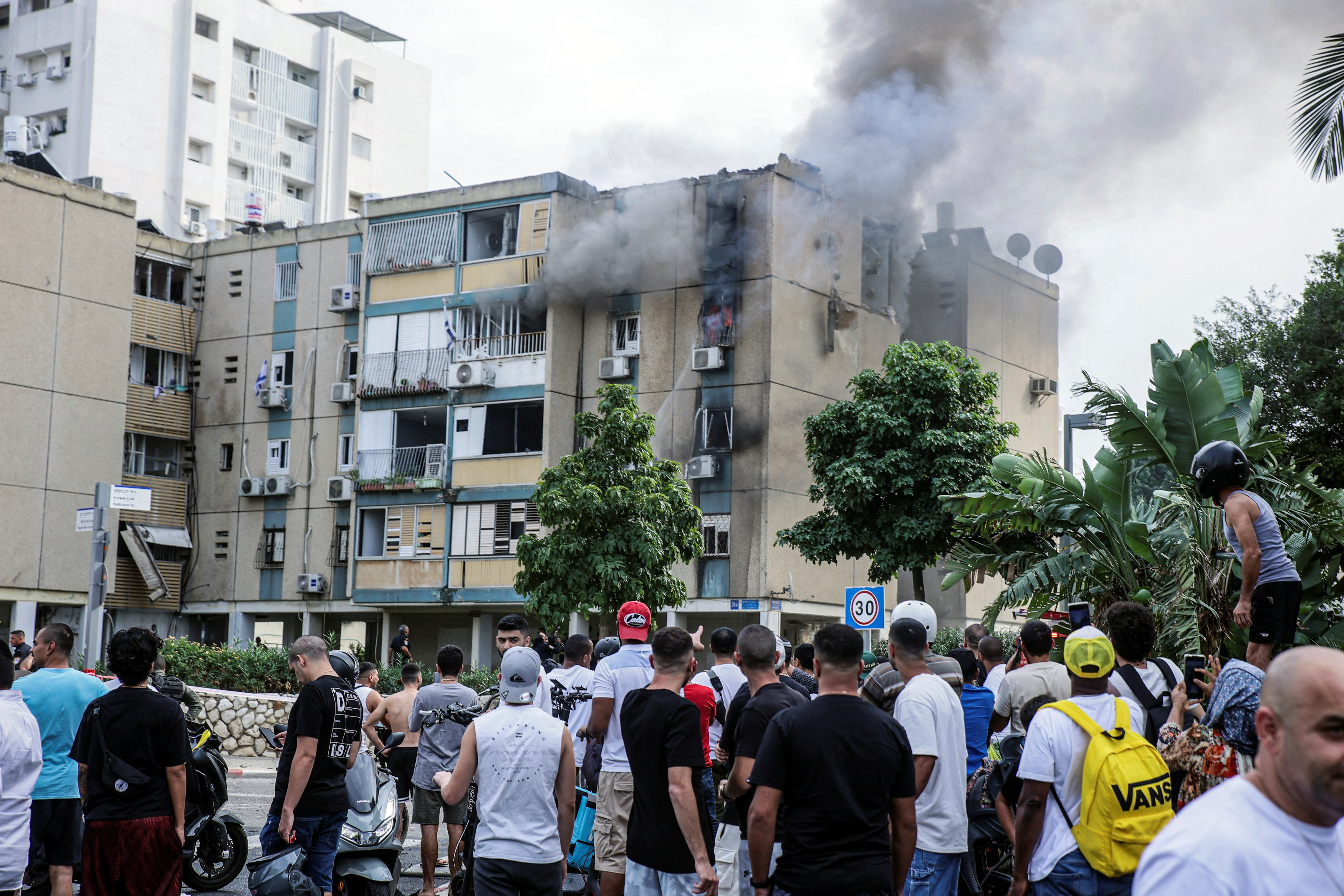 Damage caused to a residential Tel Aviv apartment block by a rocket that was fired from the Gaza Strip into Israel