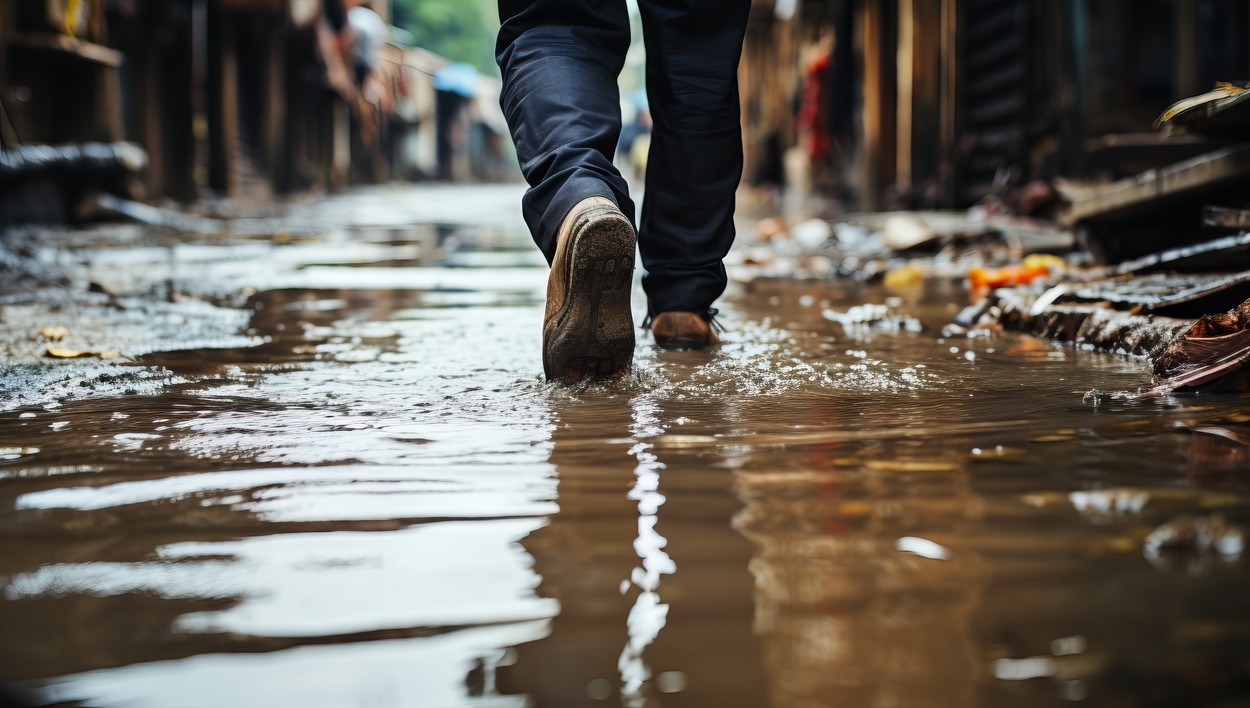 Feet of a man walking through a flooded street after heavy rain