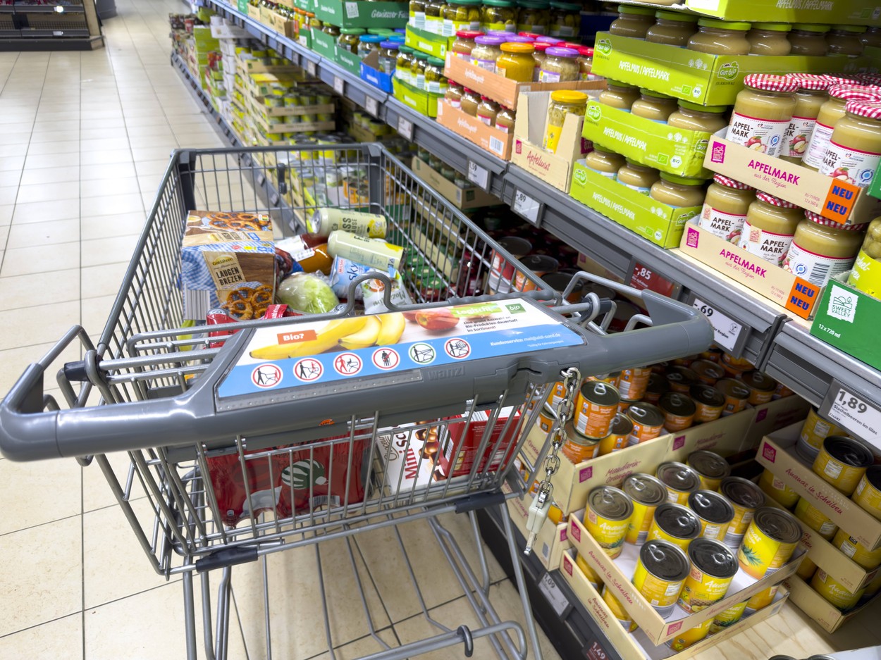 Bavaria, Germany - November 11, 2023: A shopping cart in a food supermarket *** Ein Einkaufswagen in einem Lebensmittel