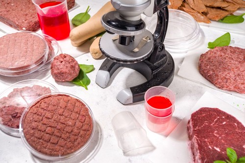 Lab grown meat alternatives concept, Various laboratory grown meat types red and white meat with microscope, laboratory accessories, measuring utensil